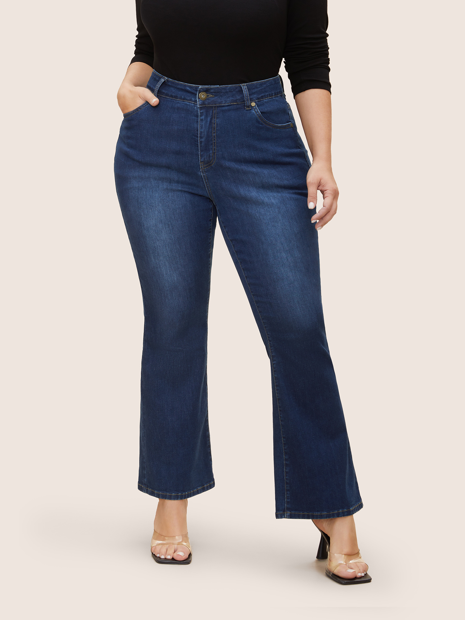 

Plus Size High Stretch Dark Wash Bootcut Jeans Women Denimindigo Casual Button High stretch Slanted pocket Jeans BloomChic