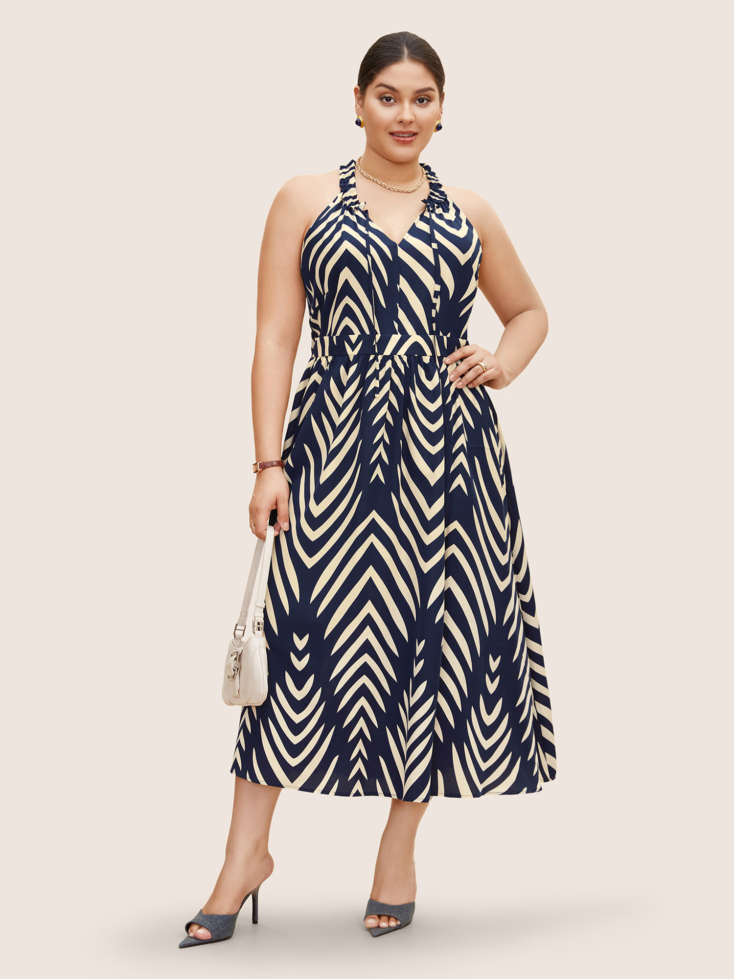 

Plus Size Geometric Frill Trim Tie Knot Sleeveless Dress Navy Women At the Office Wraparound straps V-neck Sleeveless Curvy BloomChic