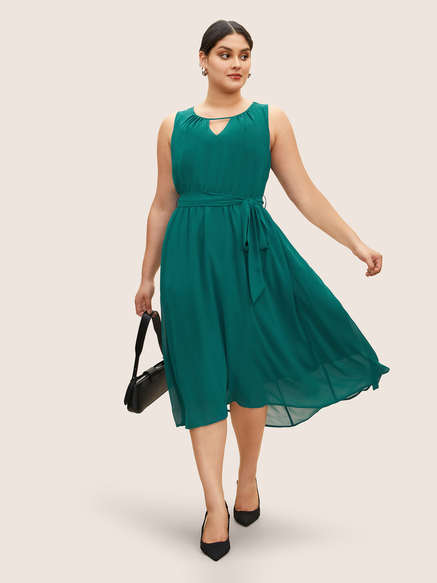 

Plus Size Solid Keyhole Gathered Belted Sleeveless Dress Teal Women At the Office Gathered Round Neck Sleeveless Curvy BloomChic