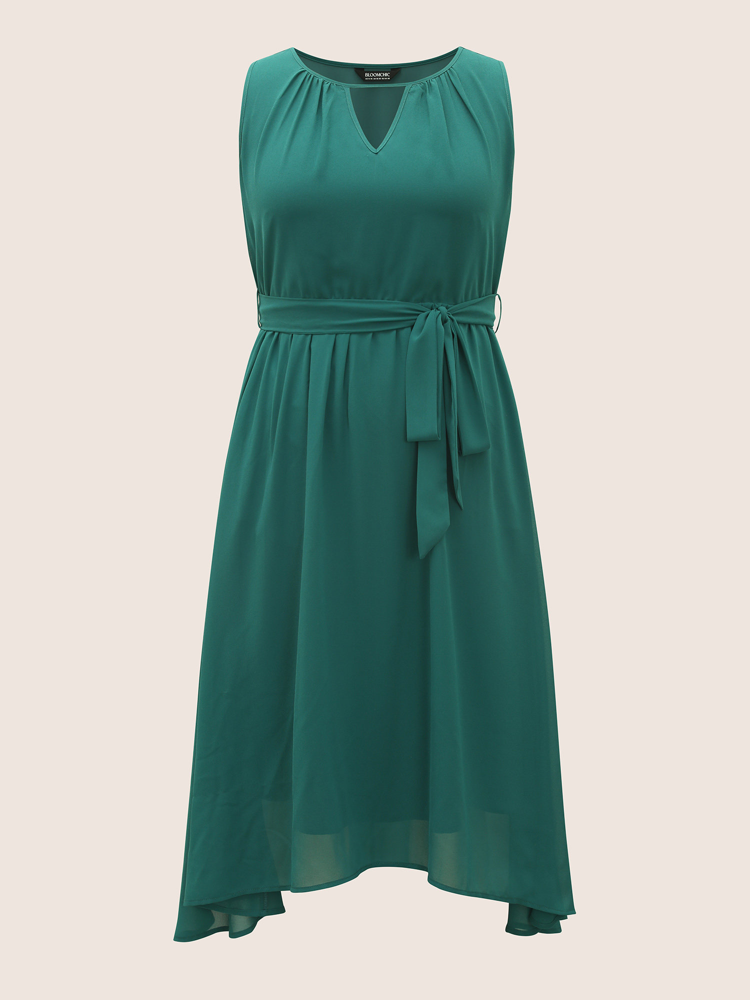 

Plus Size Solid Keyhole Gathered Belted Sleeveless Dress Teal Women At the Office Gathered Round Neck Sleeveless Curvy BloomChic