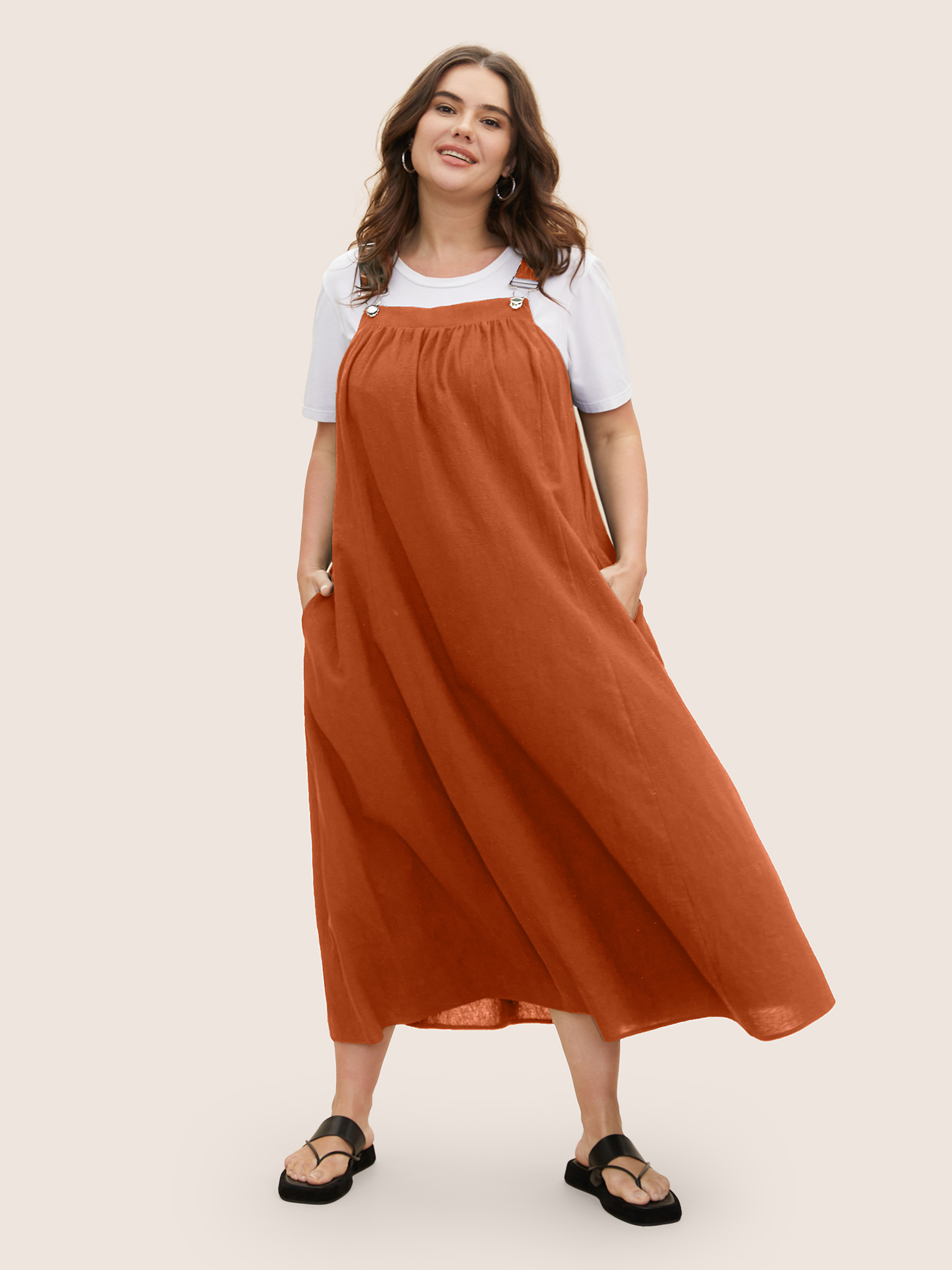 

Plus Size Cotton Solid Adjustable Straps Pocket Midi Dress Brightorange Women Casual Gathered Non Sleeveless Curvy BloomChic