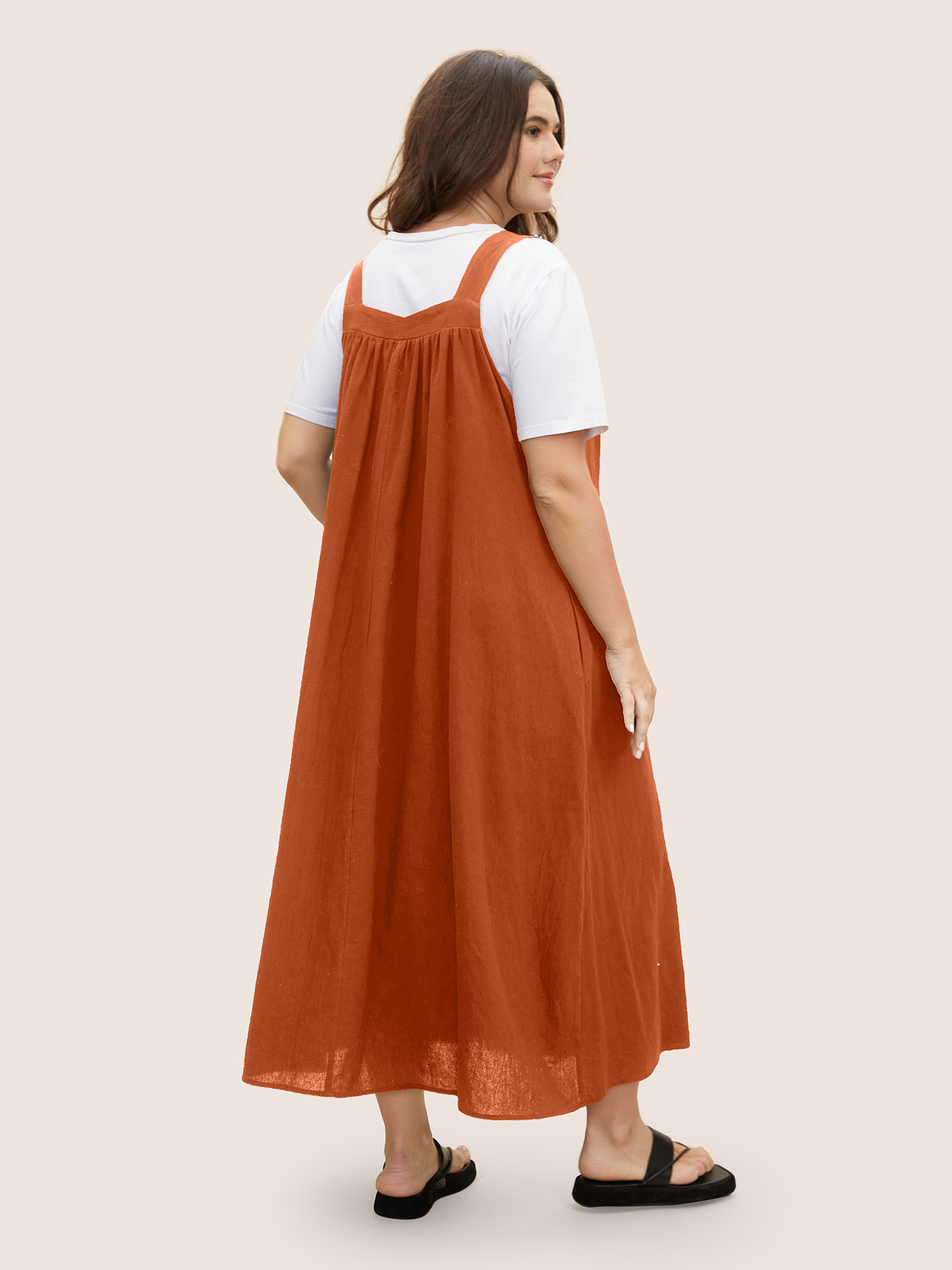 

Plus Size Cotton Solid Adjustable Straps Pocket Midi Dress Brightorange Women Casual Gathered Non Sleeveless Curvy BloomChic