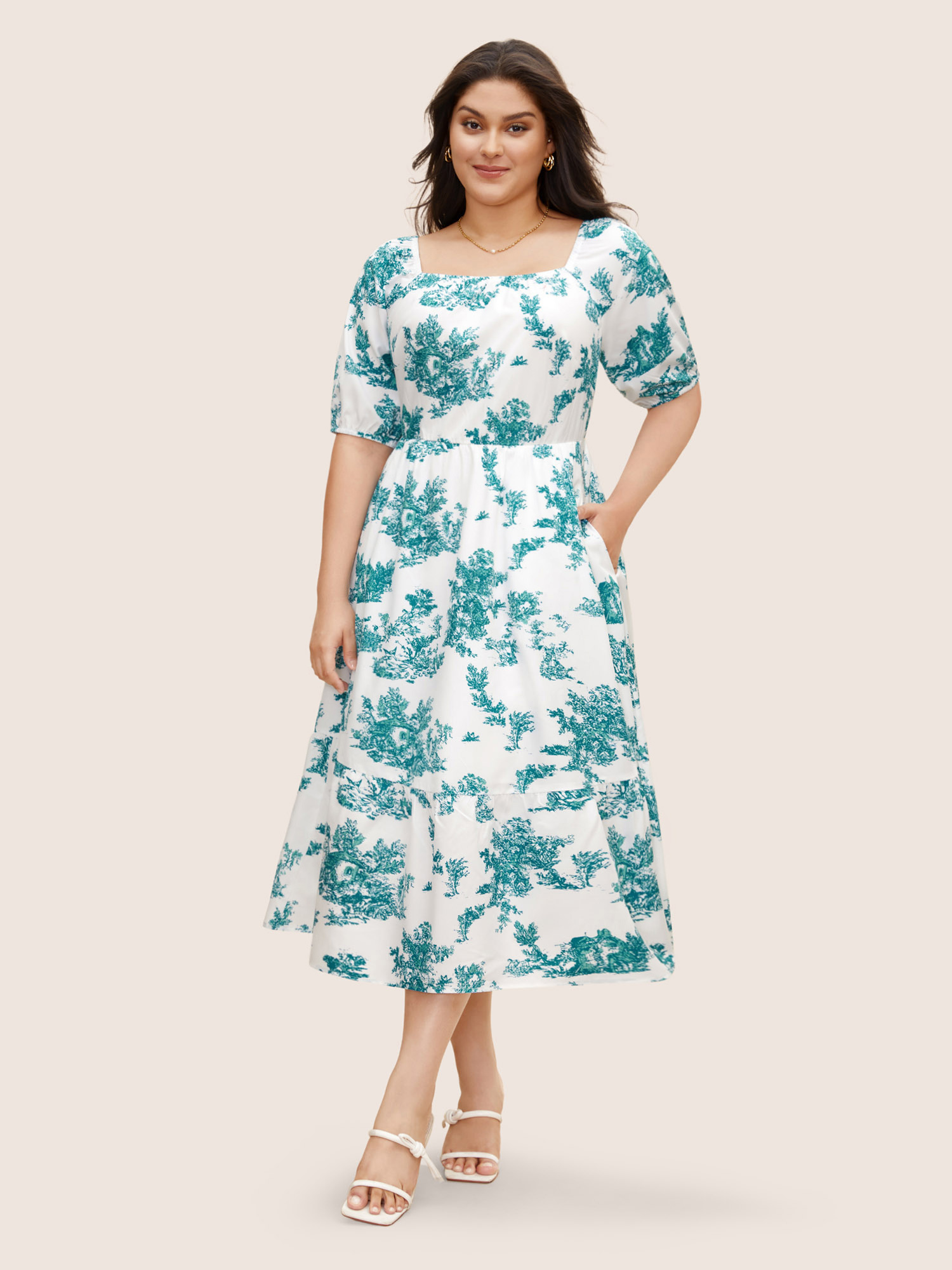 

Plus Size Square Neck Floral Gathered Midi Dress Emerald Women Elegant Gathered Square Neck Half Sleeve Curvy BloomChic