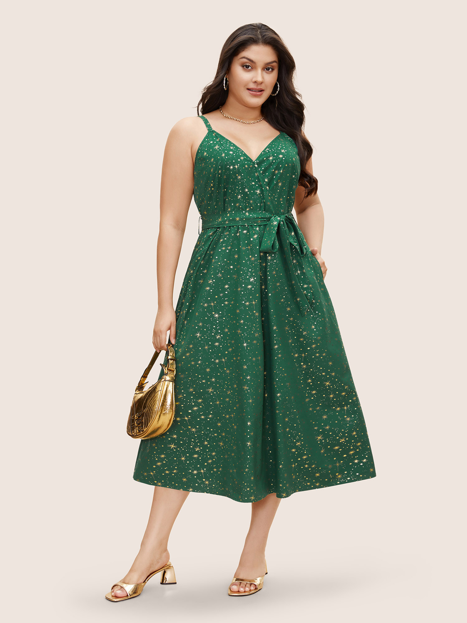 

Plus Size Overlap Collar Glitter Star Belted Cami Dress DarkGreen Women Formal Belted Overlap Collar Sleeveless Curvy BloomChic