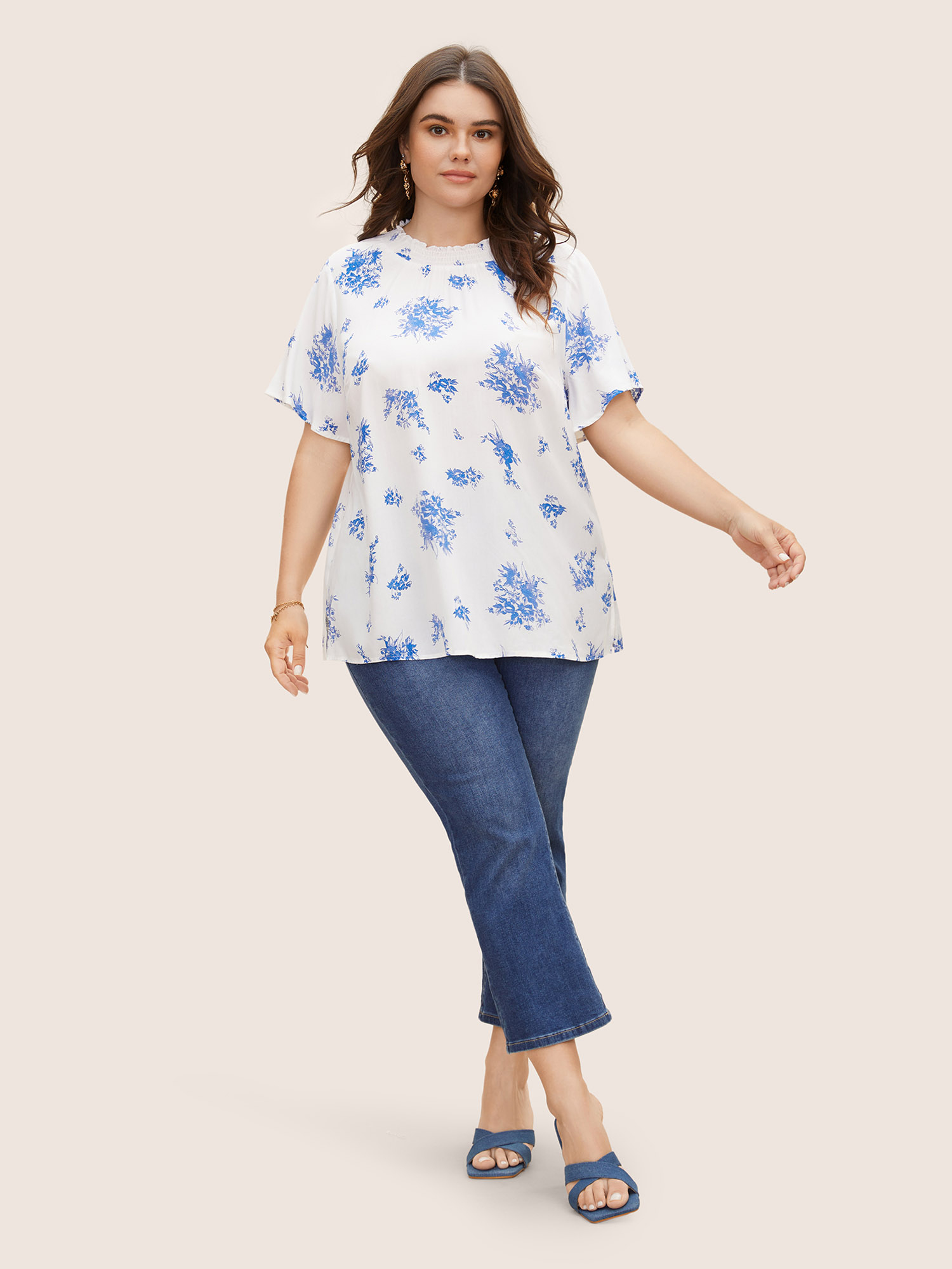 Plus Size Mediumblue Wrap Collar Floral Ruffle Sleeve Blouse Women Elegant Short sleeve Wrap collar Everyday Blouses BloomChic 22-24/3X 
