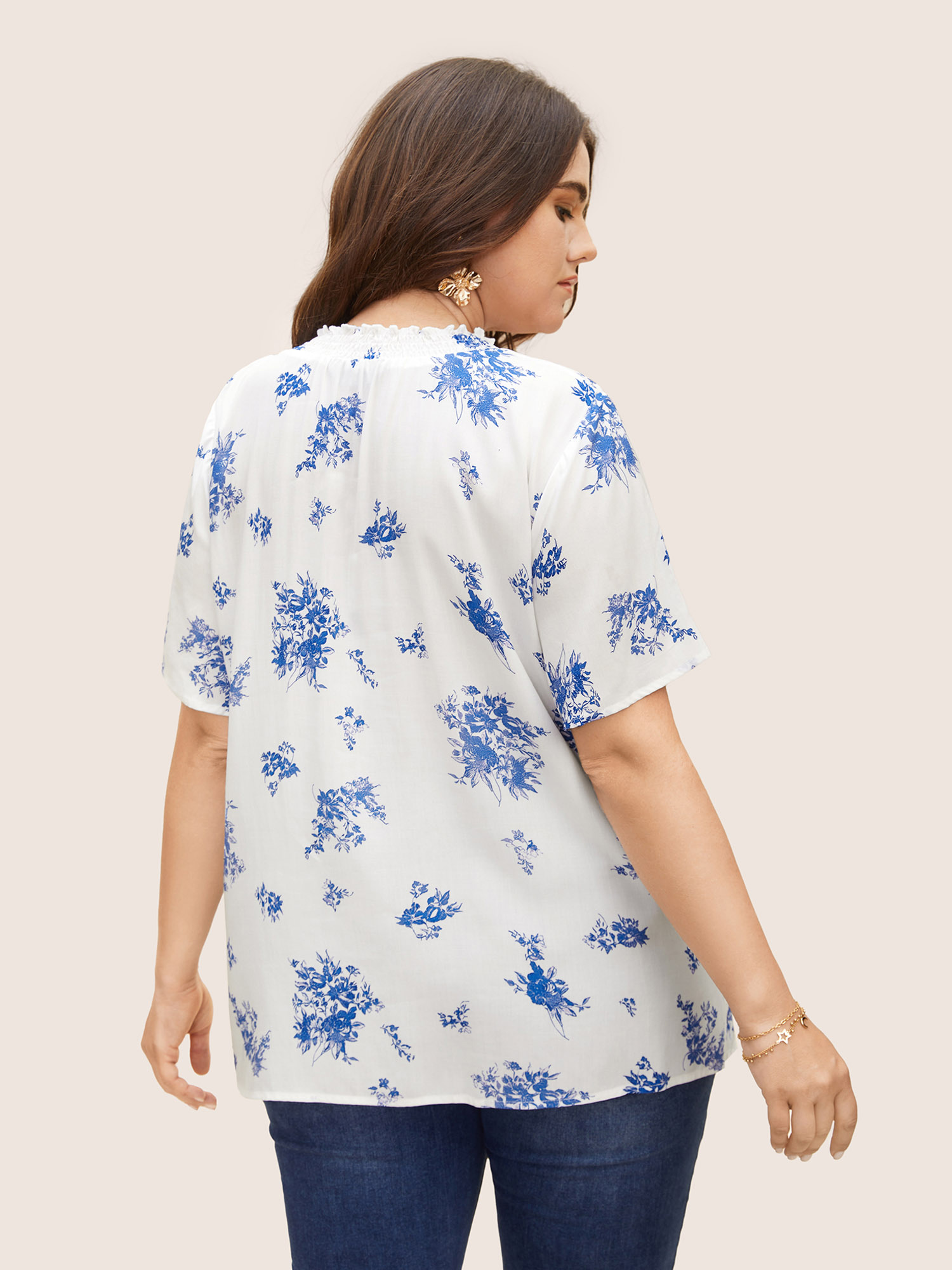 Plus Size Mediumblue Wrap Collar Floral Ruffle Sleeve Blouse Women Elegant Short sleeve Wrap collar Everyday Blouses BloomChic 22-24/3X 