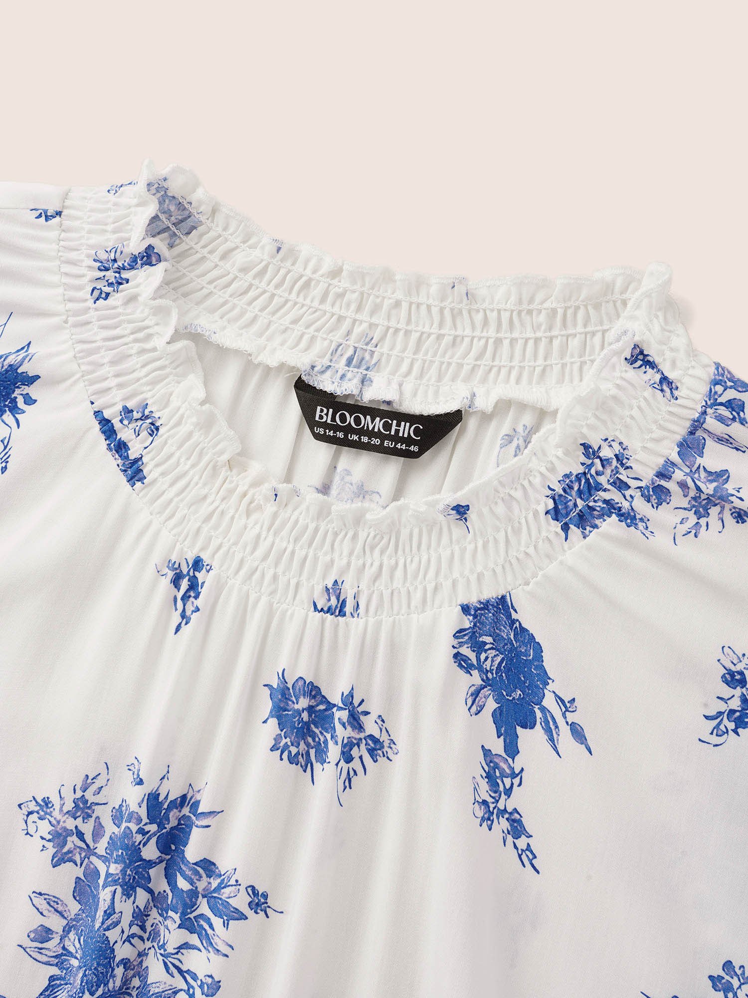 Plus Size Mediumblue Wrap Collar Floral Ruffle Sleeve Blouse Women Elegant Short sleeve Wrap collar Everyday Blouses BloomChic 22-24/3X 