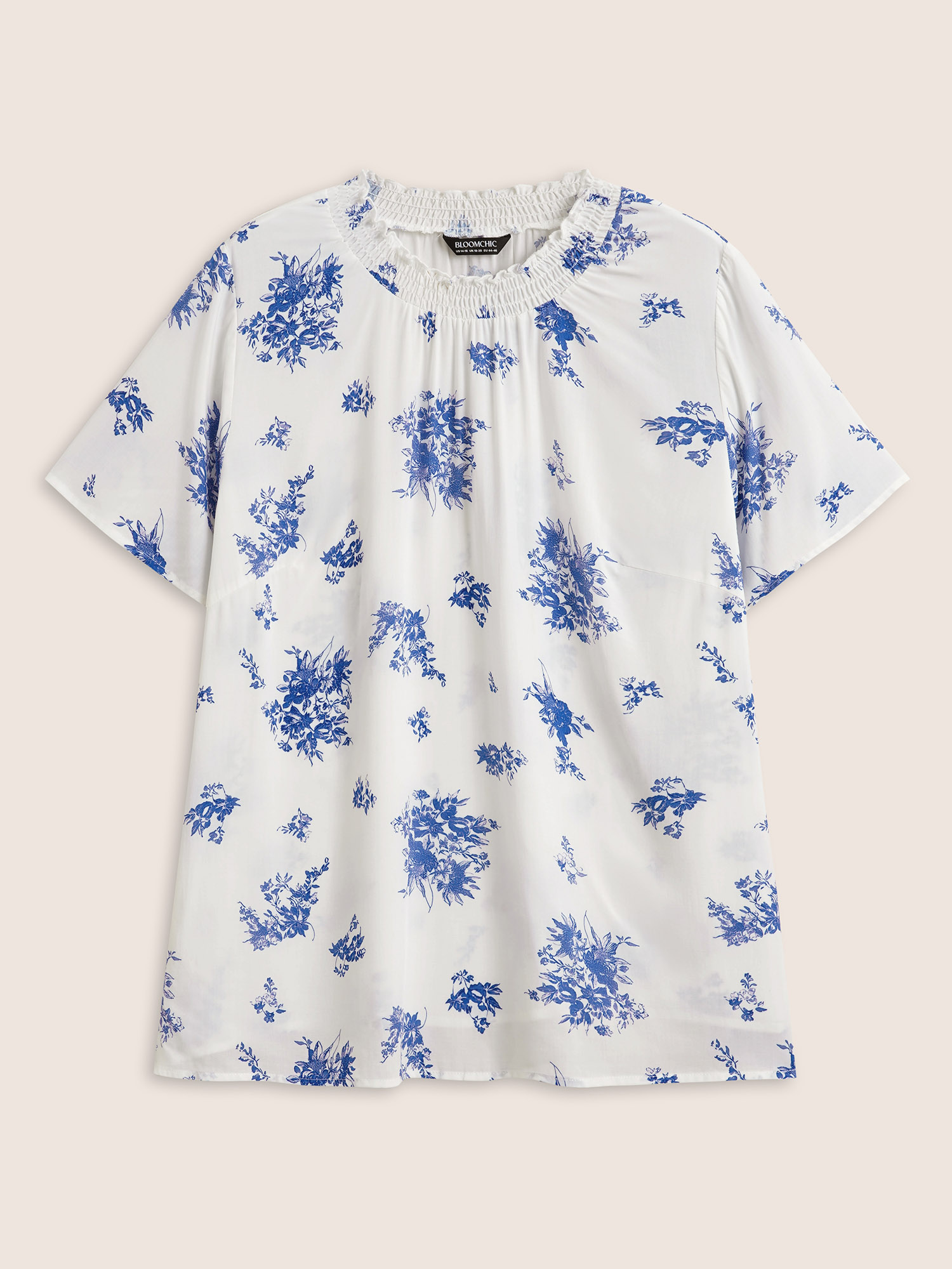 Plus Size Mediumblue Wrap Collar Floral Ruffle Sleeve Blouse Women Elegant Short sleeve Wrap collar Everyday Blouses BloomChic 22-24/3X 