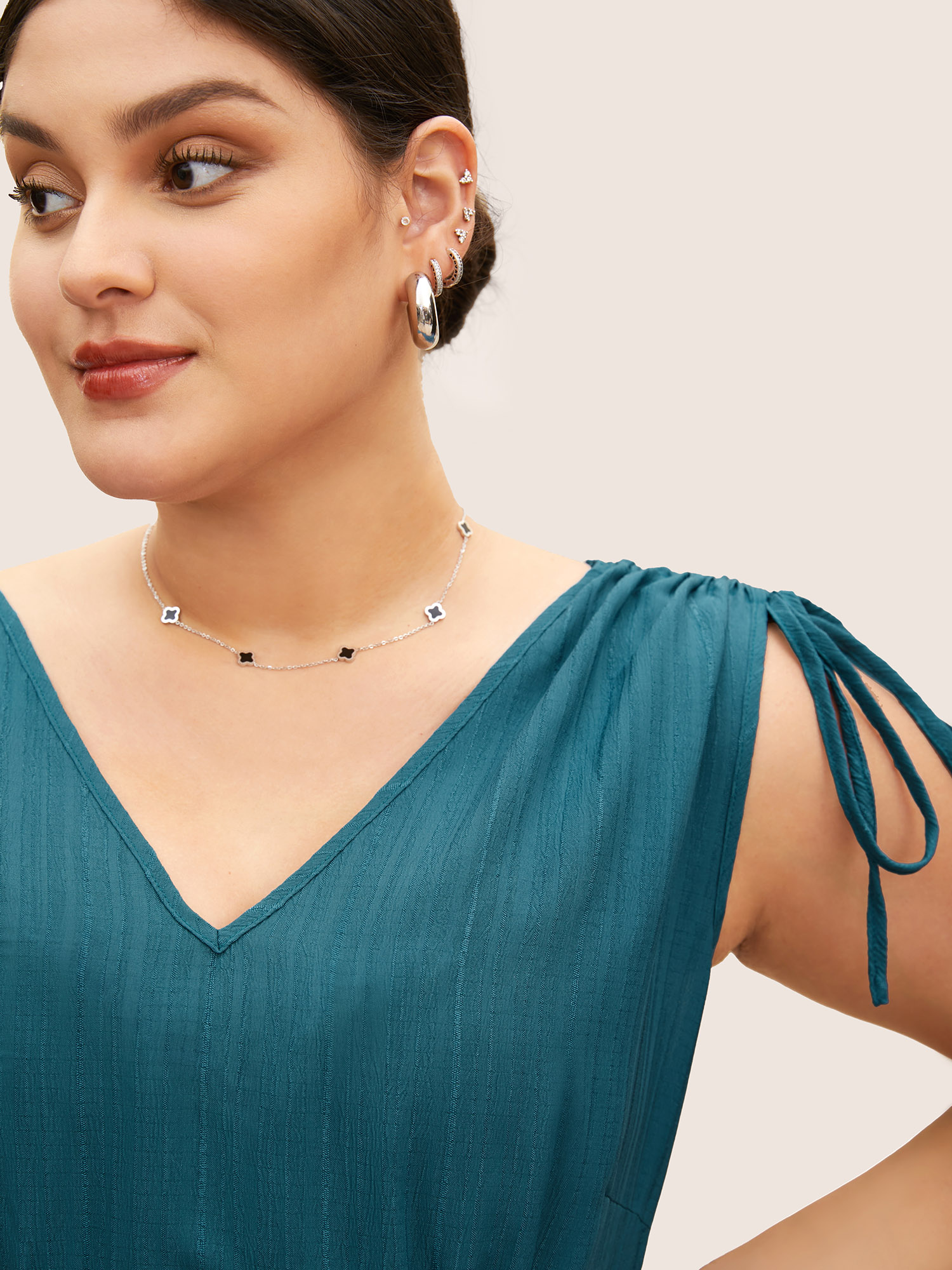 

Plus Size Plain Textured Drawstring Ruffle Hem Dress Cerulean Women At the Office Texture V-neck Sleeveless Curvy BloomChic