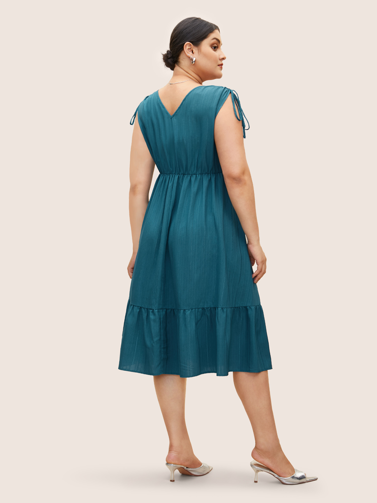 Plus Size Plain Textured Drawstring Ruffle Hem Dress Cerulean Women At the Office Texture V-neck Sleeveless Curvy BloomChic 10/M 