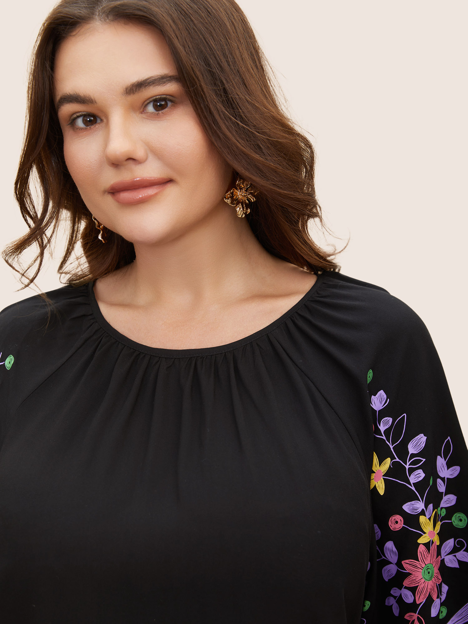 Plus Size Black Boho Print Gathered Ruffle Sleeve Blouse Women Elegant Half Sleeve Round Neck Everyday Blouses BloomChic 22-24/3X 