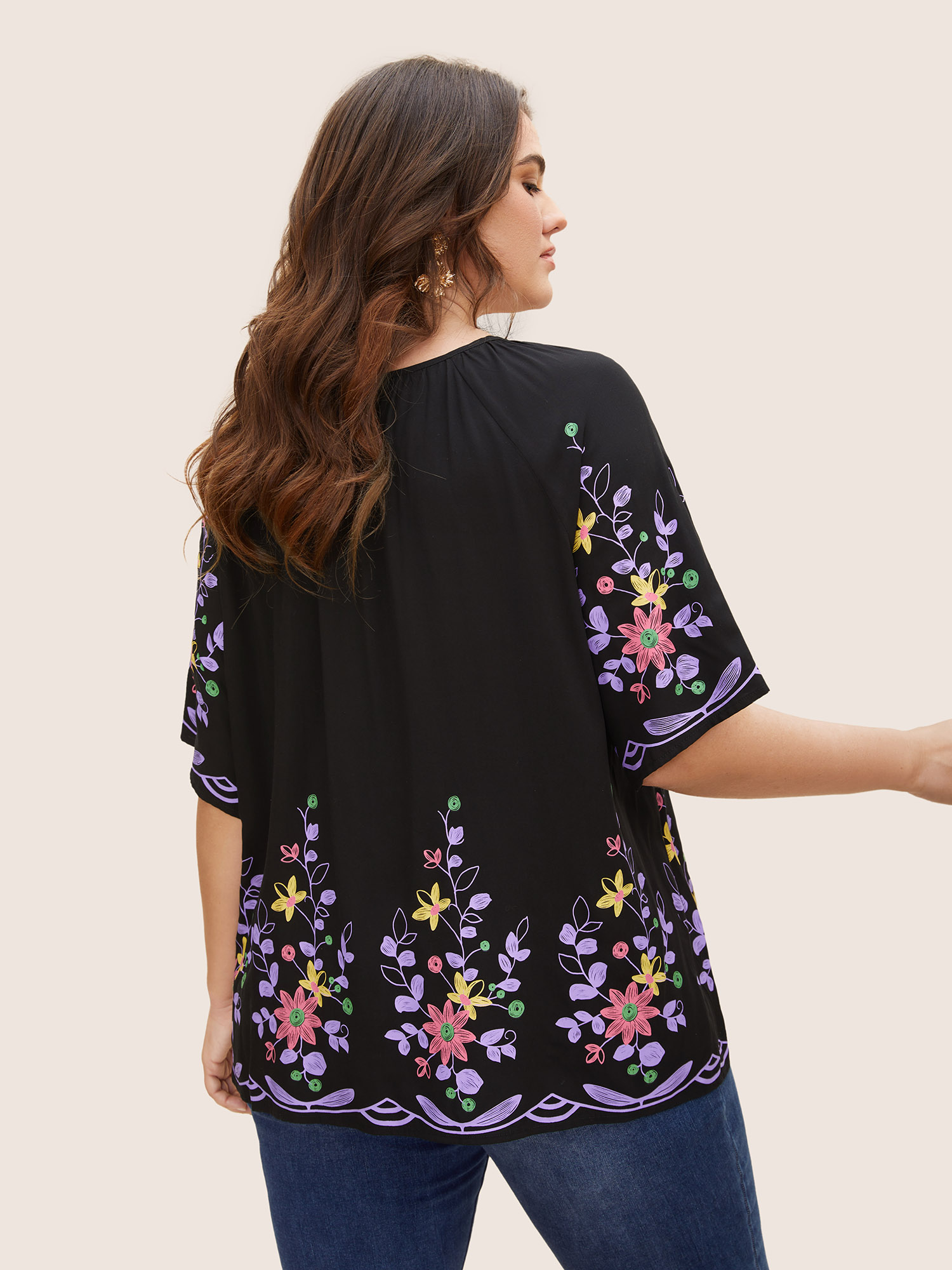 Plus Size Black Boho Print Gathered Ruffle Sleeve Blouse Women Elegant Half Sleeve Round Neck Everyday Blouses BloomChic 22-24/3X 