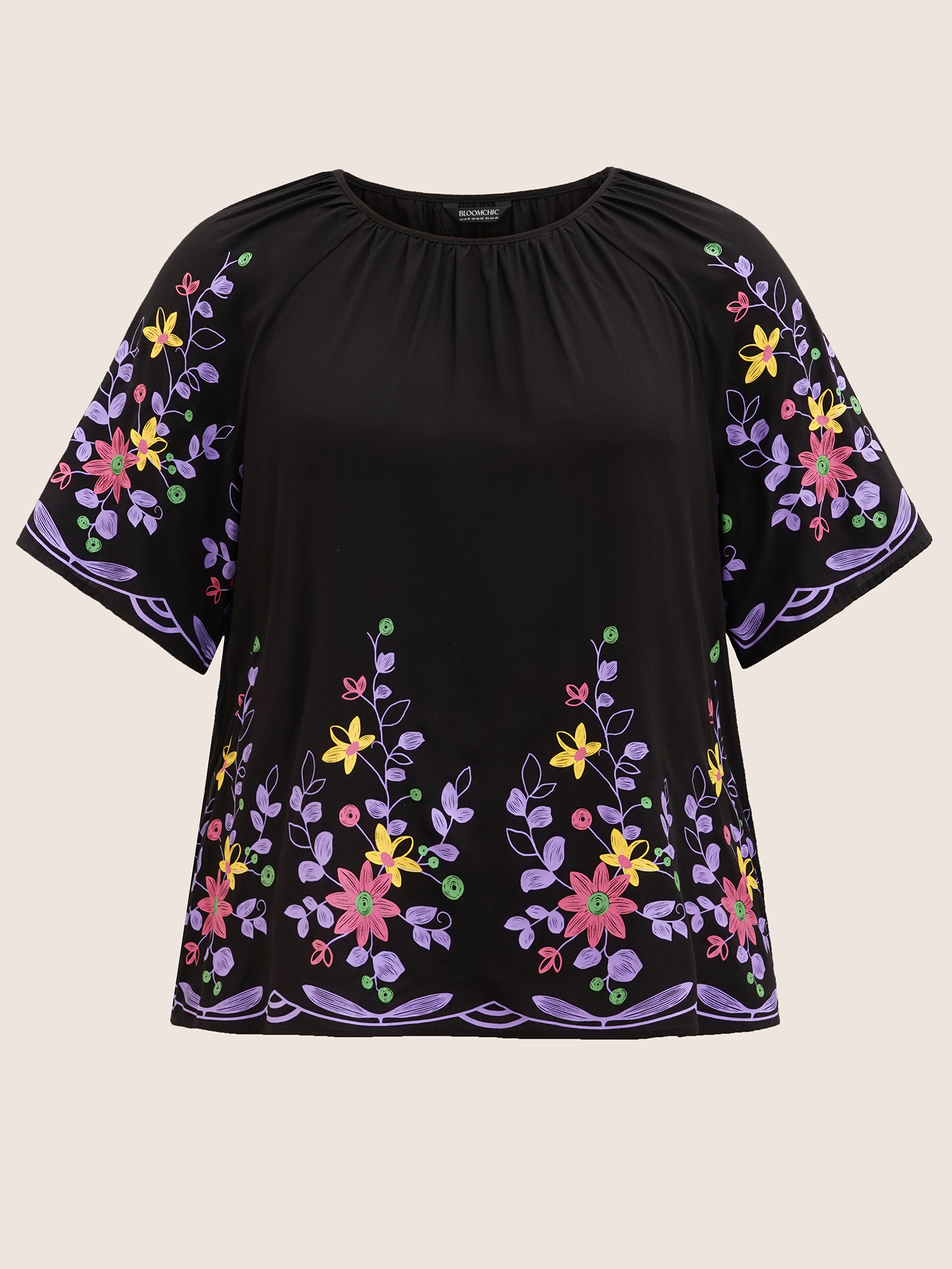 Plus Size Black Boho Print Gathered Ruffle Sleeve Blouse Women Elegant Half Sleeve Round Neck Everyday Blouses BloomChic 22-24/3X 