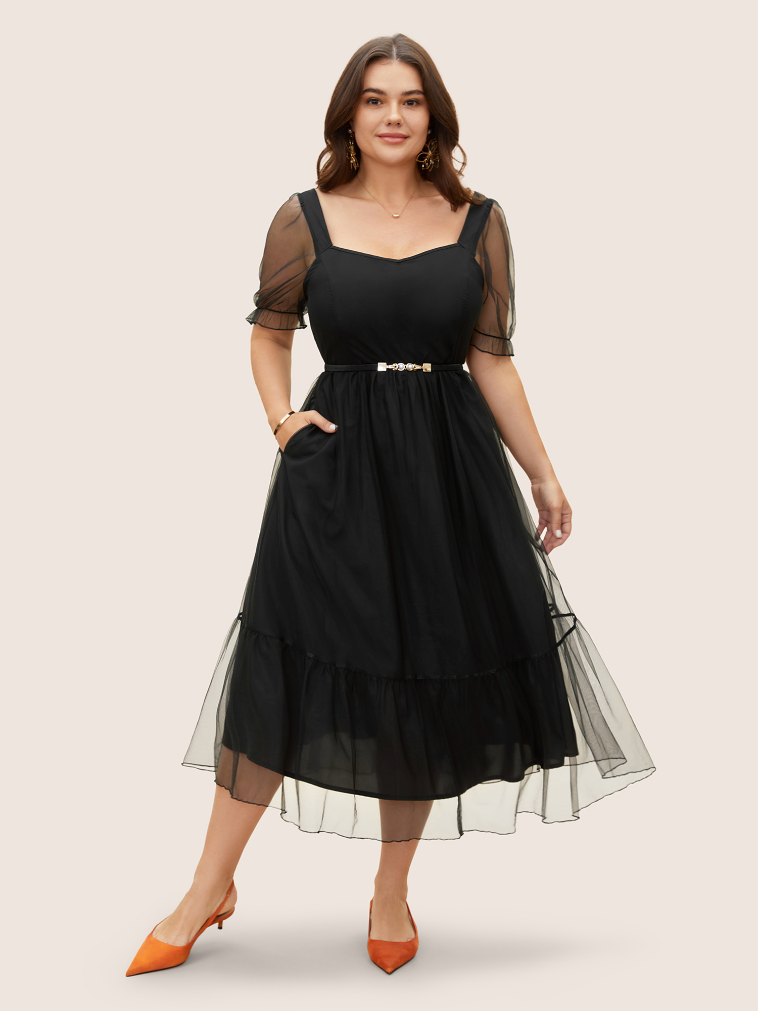 

Plus Size Heart Neckline Patchwork Mesh Elastic Waist Dress Black Women Elegant See through Heart neckline Short sleeve Curvy BloomChic