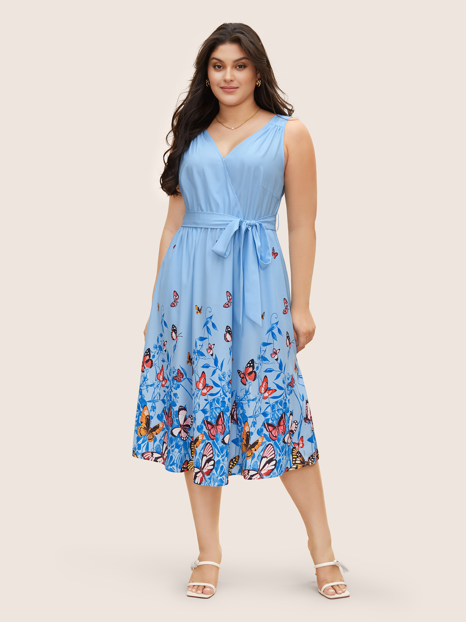 

Plus Size Butterfly Print Wrap Gathered Tank Dress LightBlue Women Elegant Gathered Overlap Collar Sleeveless Curvy BloomChic