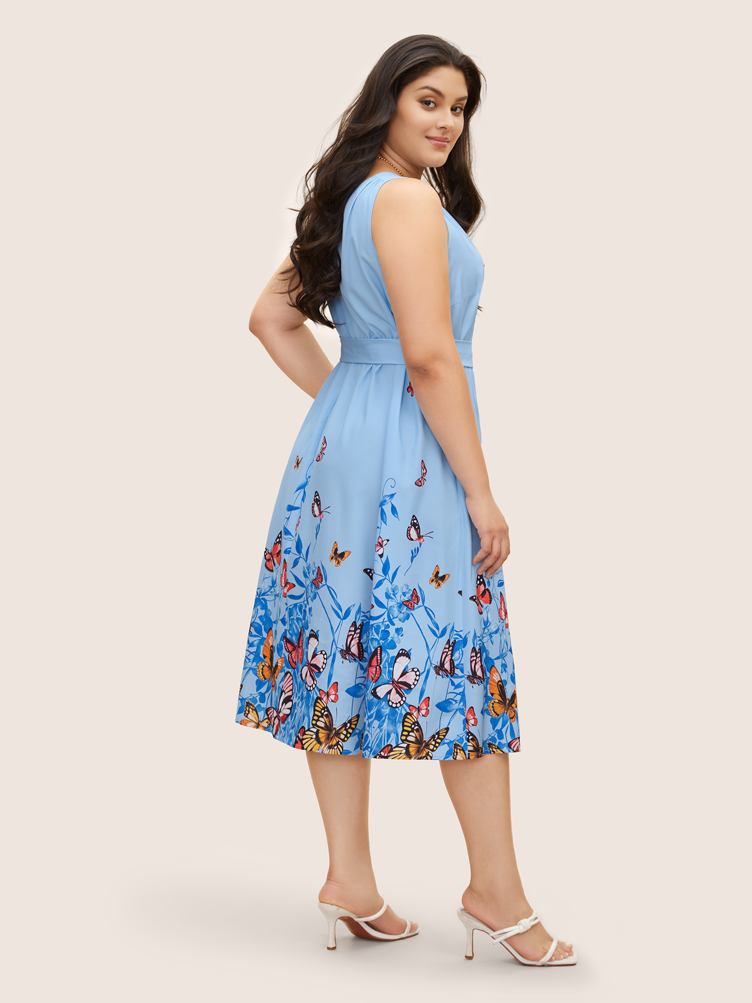 Plus Size Butterfly Print Wrap Gathered Tank Dress LightBlue Women Elegant Gathered Overlap Collar Sleeveless Curvy BloomChic 12/L 