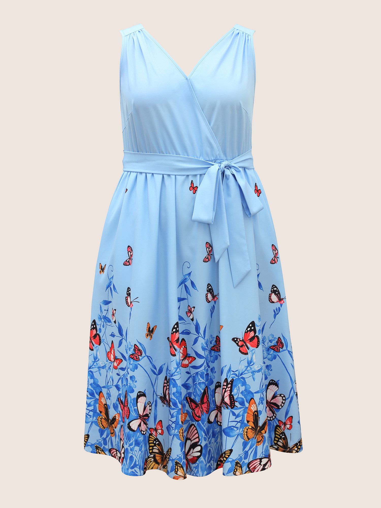 Plus Size Butterfly Print Wrap Gathered Tank Dress LightBlue Women Elegant Gathered Overlap Collar Sleeveless Curvy BloomChic 12/L 