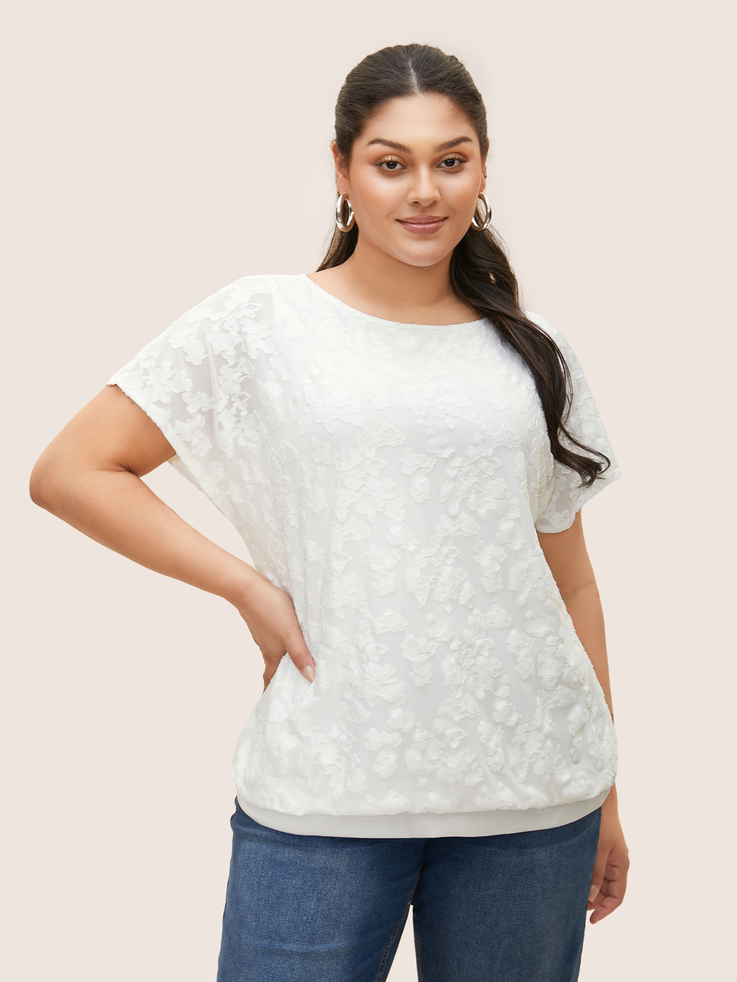 

Plus Size Round Neck Textured Floral Mesh T-shirt Originalwhite Women Casual See through Round Neck Everyday T-shirts BloomChic