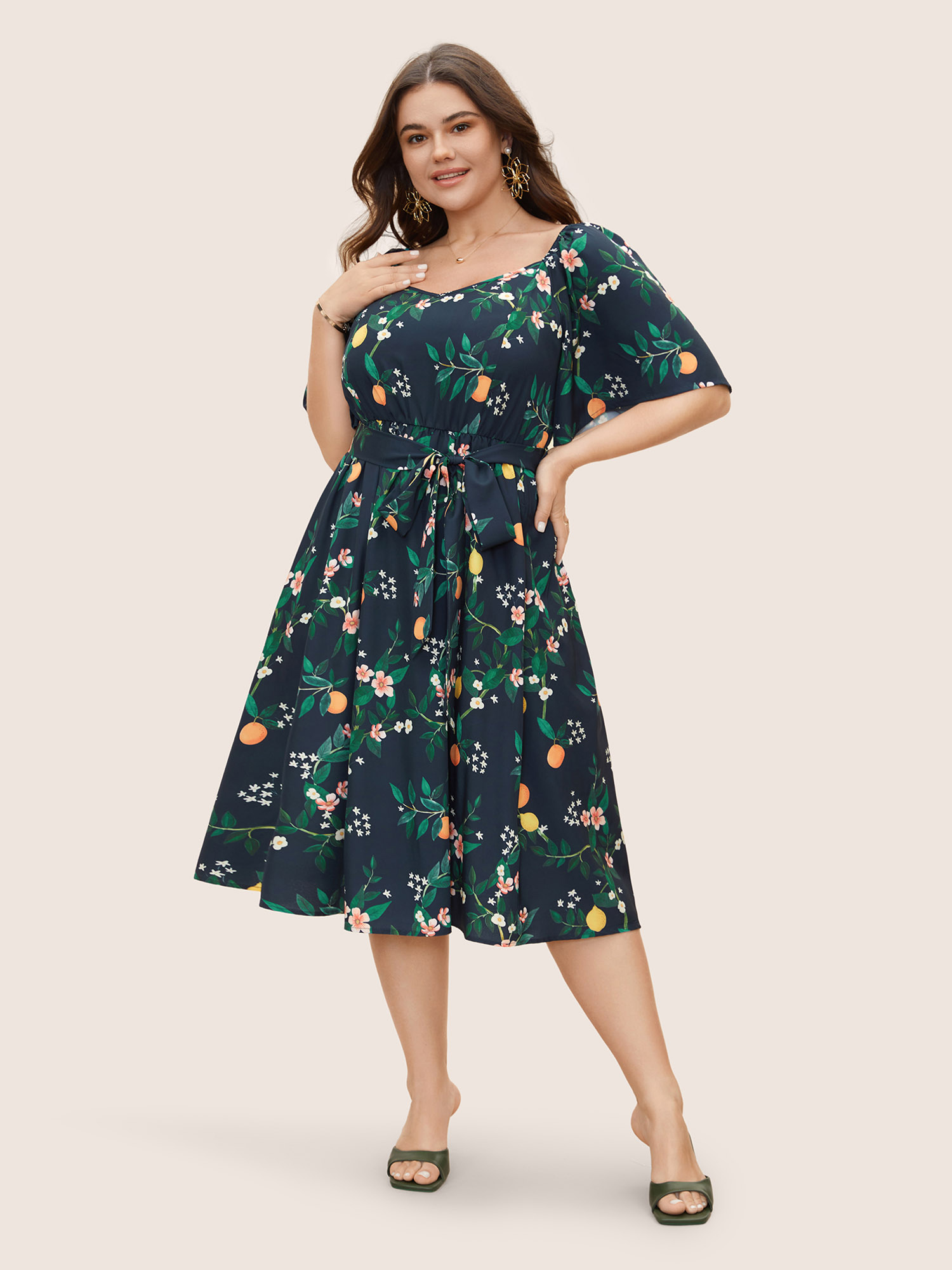 

Plus Size Fruit Print Flutter Sleeve Belted Midi Dress Navy Women Elegant Belted Heart neckline Short sleeve Curvy BloomChic