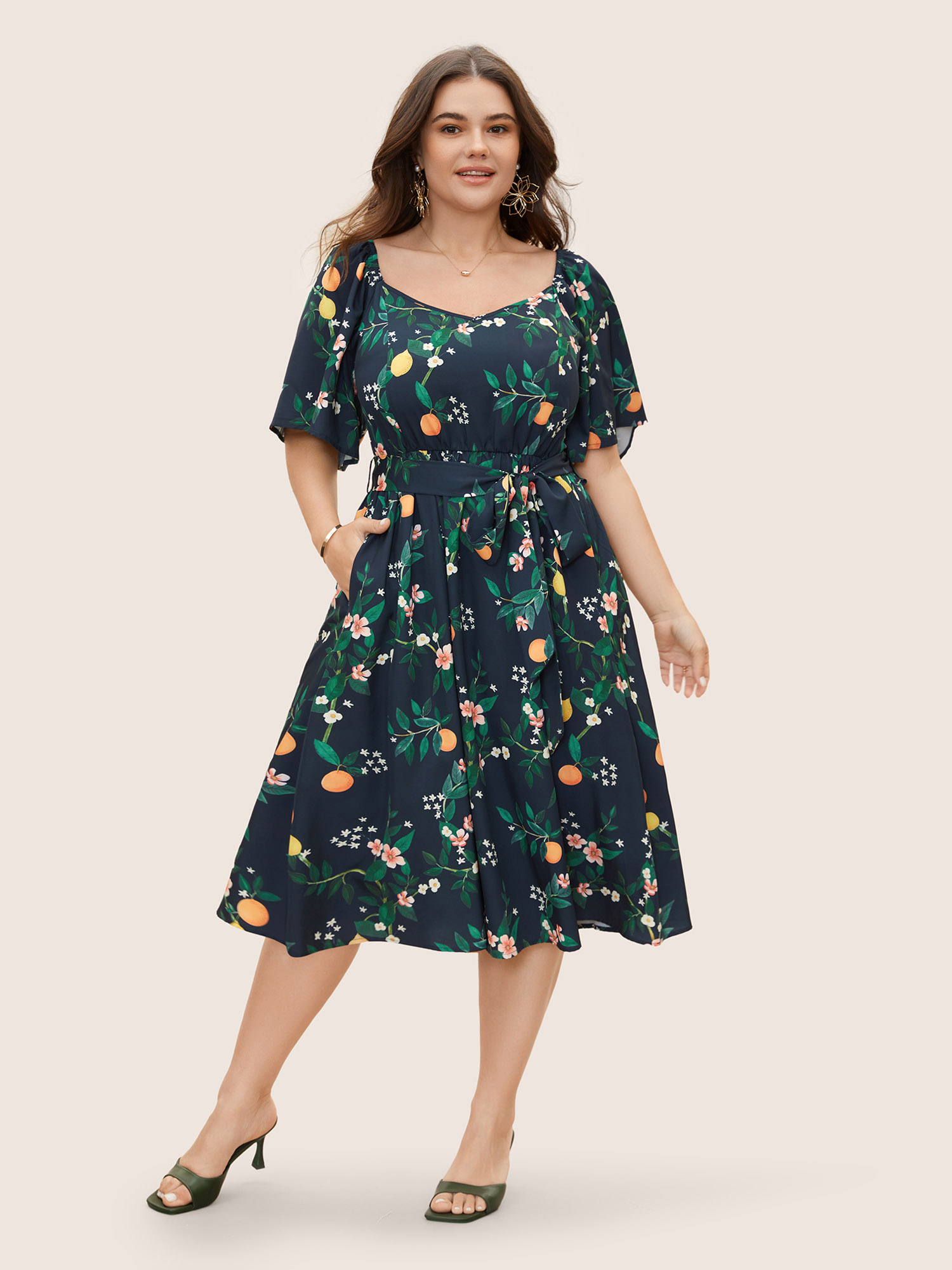 

Plus Size Fruit Print Flutter Sleeve Belted Midi Dress Navy Women Elegant Belted Heart neckline Short sleeve Curvy BloomChic