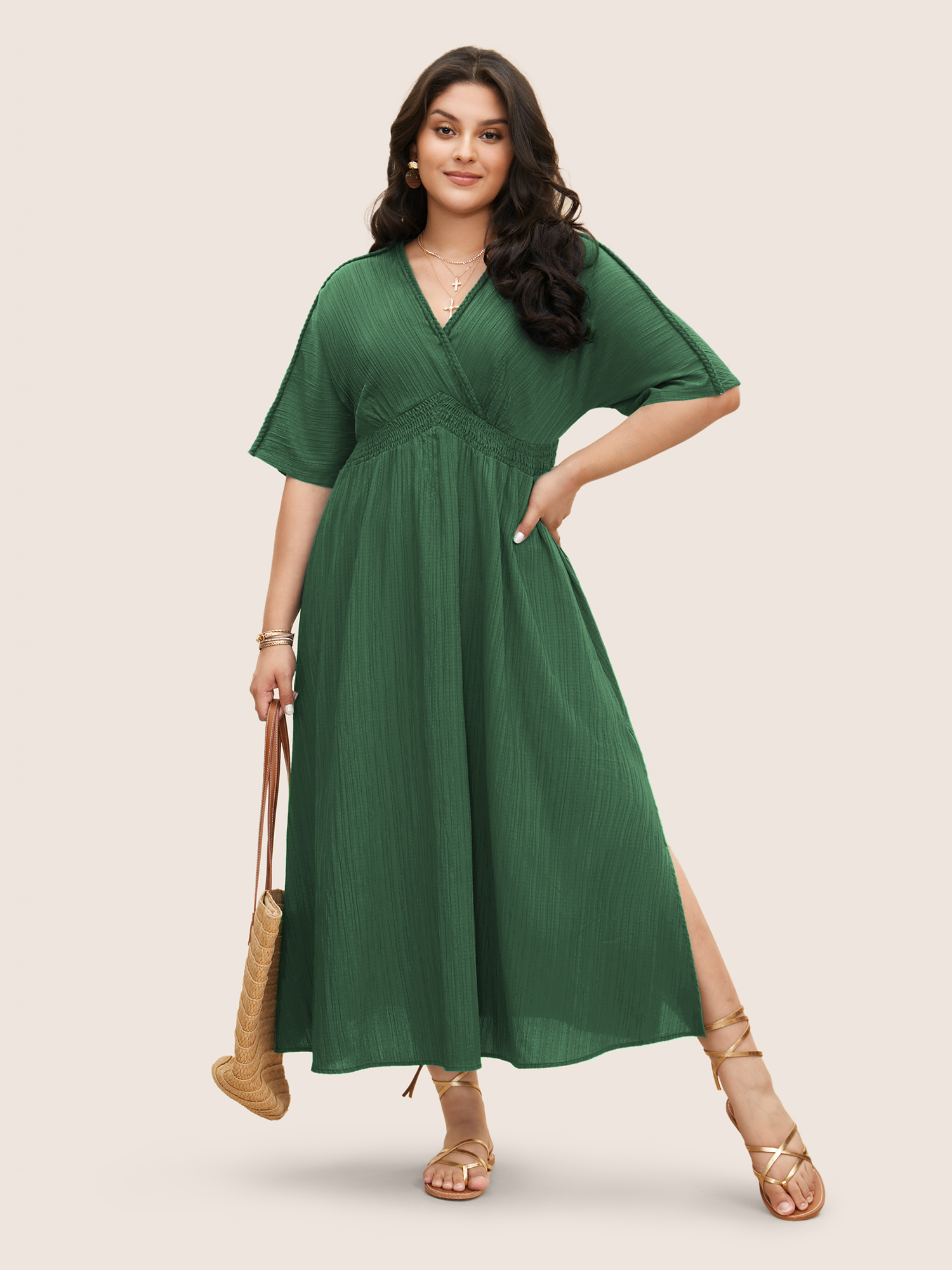 

Plus Size V Neck Shirred Contrast Webbing Split Side Dress Emerald Women Resort Texture V-neck Half Sleeve Curvy BloomChic