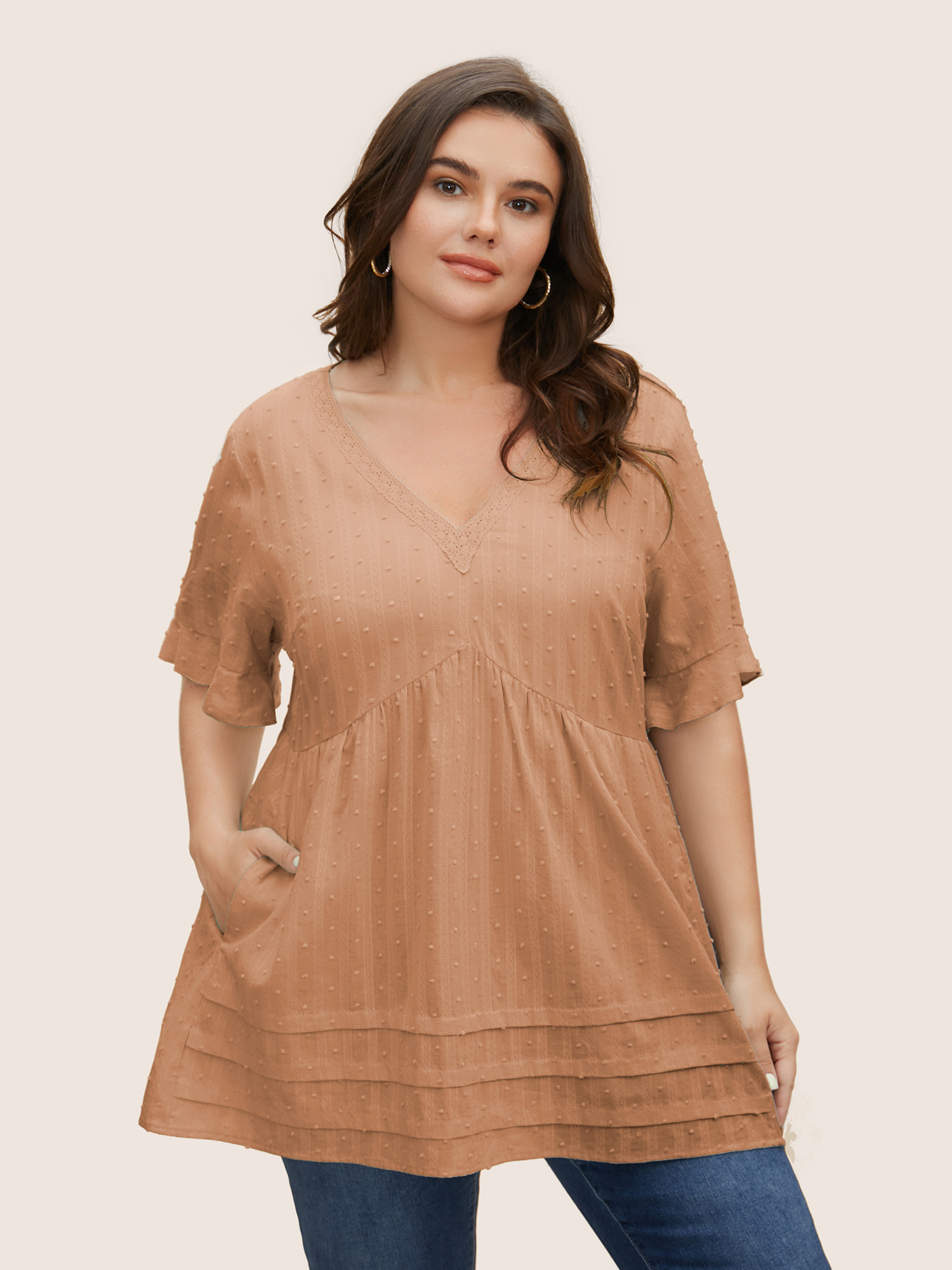 

Plus Size Yellowishbrown Textured Lace Panel Pleated Pocket Blouse Women Casual Short sleeve V-neck Everyday Blouses BloomChic