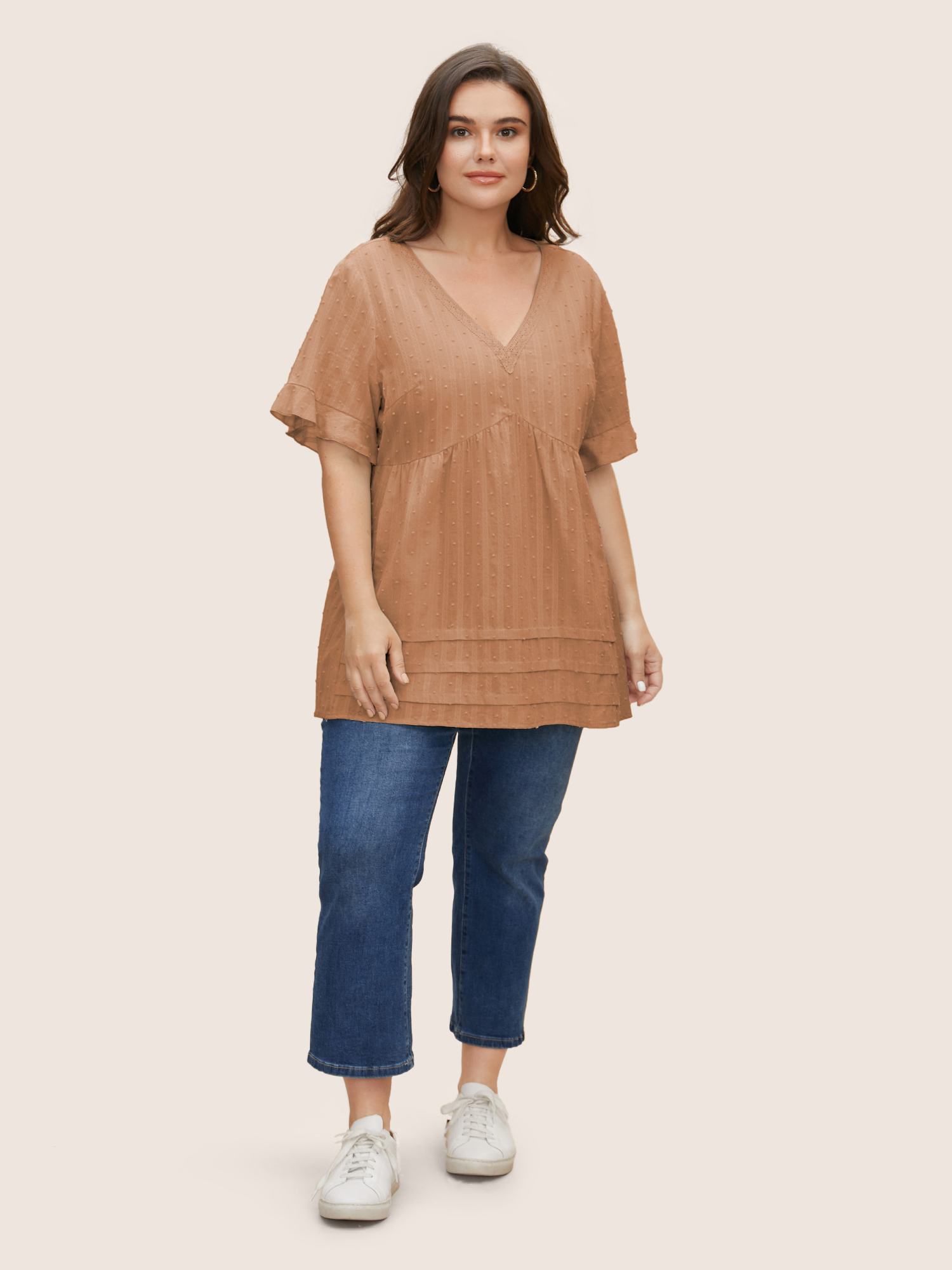 Plus Size Yellowishbrown Textured Lace Panel Pleated Pocket Blouse Women Casual Short sleeve V-neck Everyday Blouses BloomChic 14-16/1X 