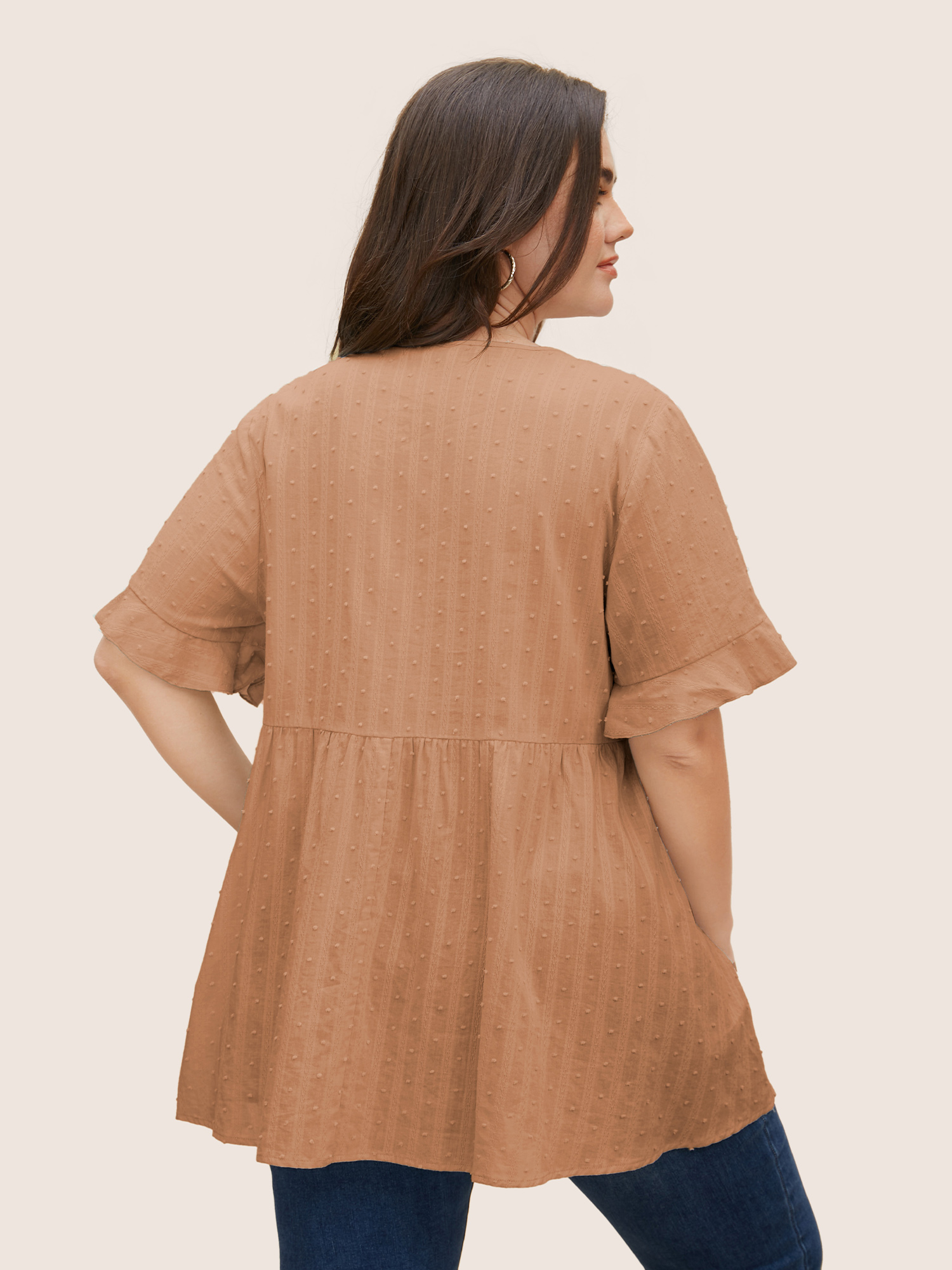 

Plus Size Yellowishbrown Textured Lace Panel Pleated Pocket Blouse Women Casual Short sleeve V-neck Everyday Blouses BloomChic