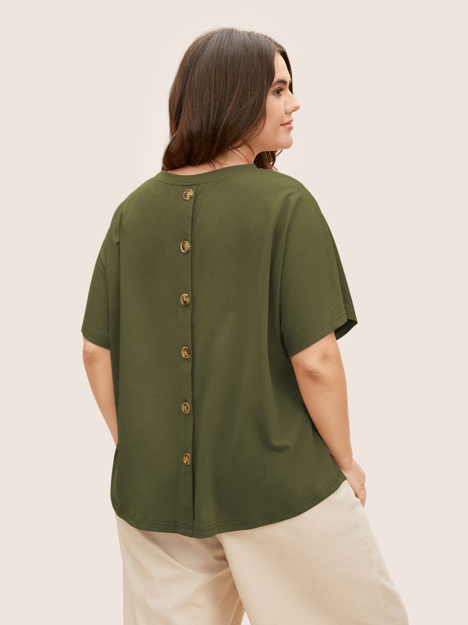 

Plus Size Cotton Back Button Detail Dolman Sleeve T-shirt ArmyGreen Women Casual Button Round Neck Everyday T-shirts BloomChic
