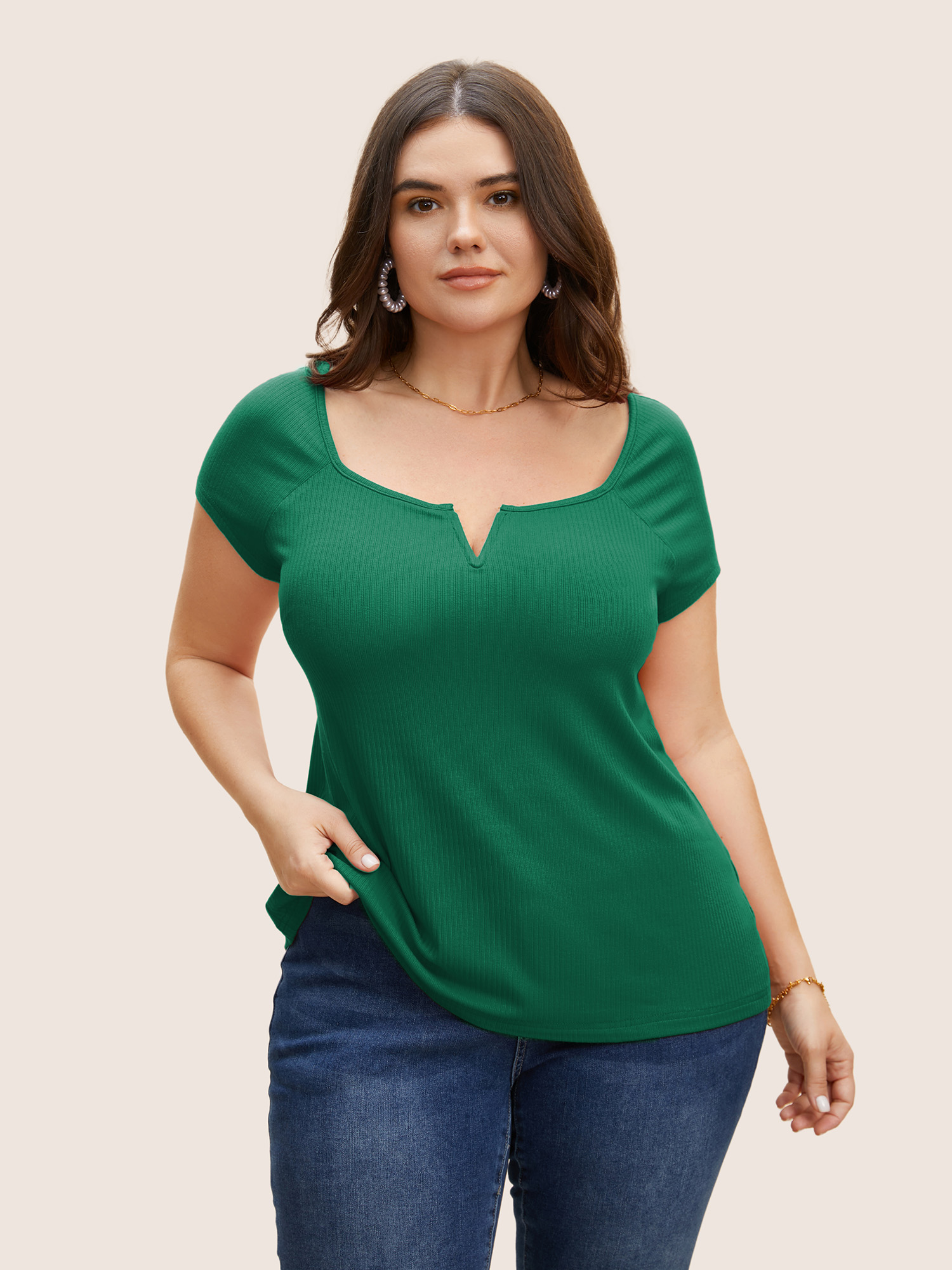 

Plus Size Solid Notched Collar Pit Strip T-shirt Emerald Women Elegant Non Notched collar Bodycon Everyday T-shirts BloomChic