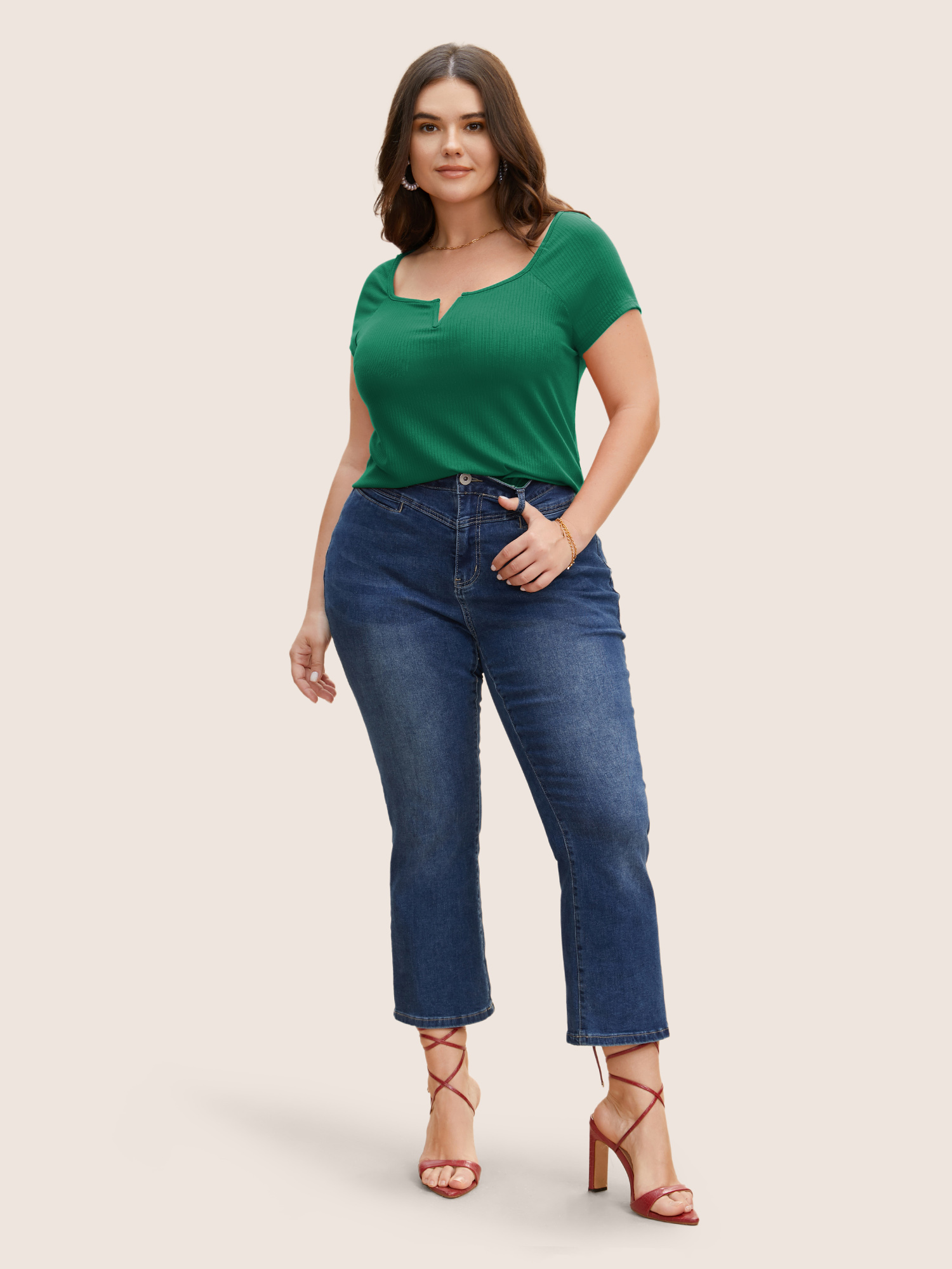 

Plus Size Solid Notched Collar Pit Strip T-shirt Emerald Women Elegant Non Notched collar Bodycon Everyday T-shirts BloomChic