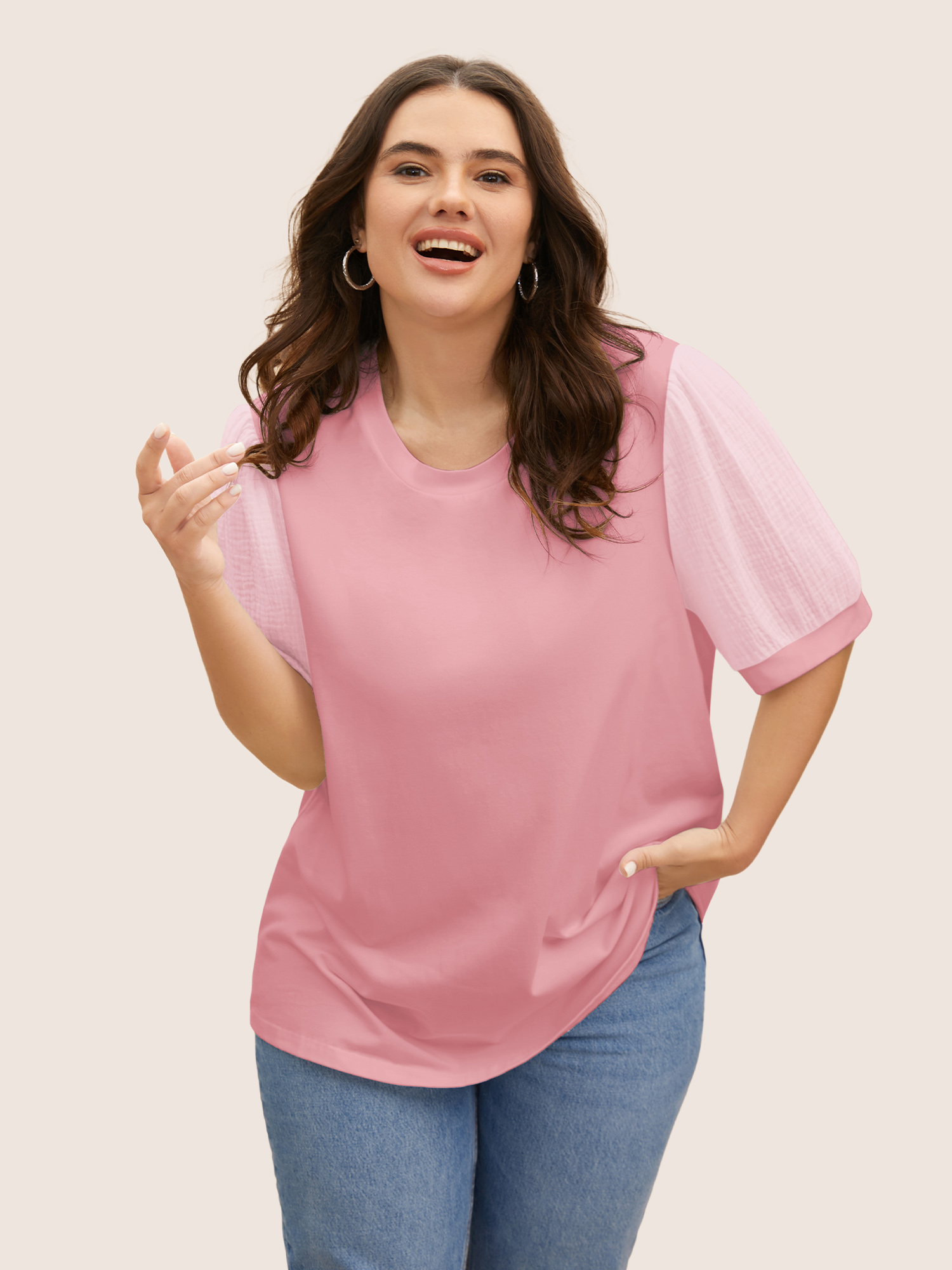 

Plus Size Plain Textured Patchwork Lantern Sleeve T-shirt Blush Women Casual Texture Round Neck Everyday T-shirts BloomChic