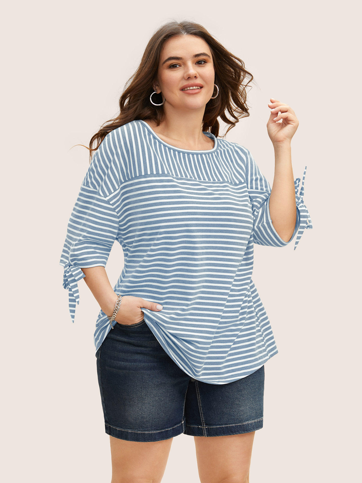 

Plus Size Striped Boat Neck Tie Knot T-shirt Stone Women Casual Tie knot Boat Neck Everyday T-shirts BloomChic