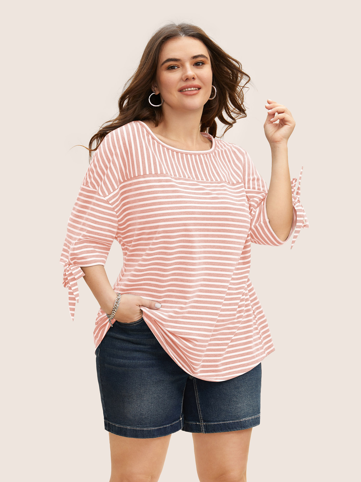 

Plus Size Striped Boat Neck Tie Knot T-shirt Nudepink Women Casual Tie knot Boat Neck Everyday T-shirts BloomChic