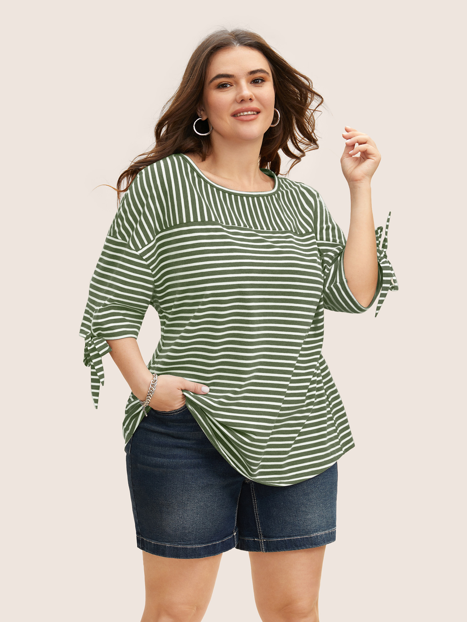 

Plus Size Striped Boat Neck Tie Knot T-shirt ArmyGreen Women Casual Tie knot Boat Neck Everyday T-shirts BloomChic