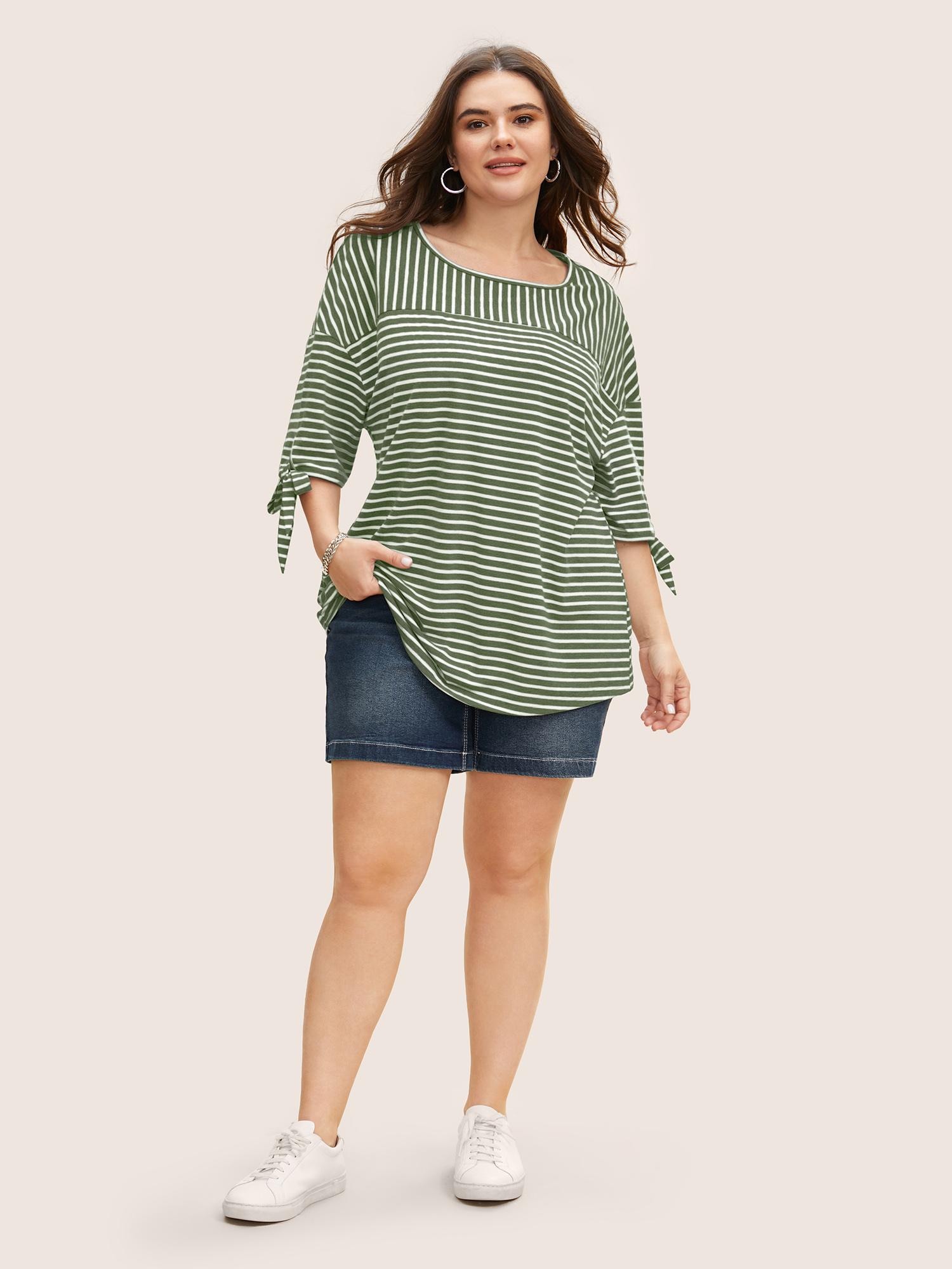 Plus Size Striped Boat Neck Tie Knot T-shirt ArmyGreen Women Casual Tie knot Boat Neck Everyday T-shirts BloomChic 28/5X 