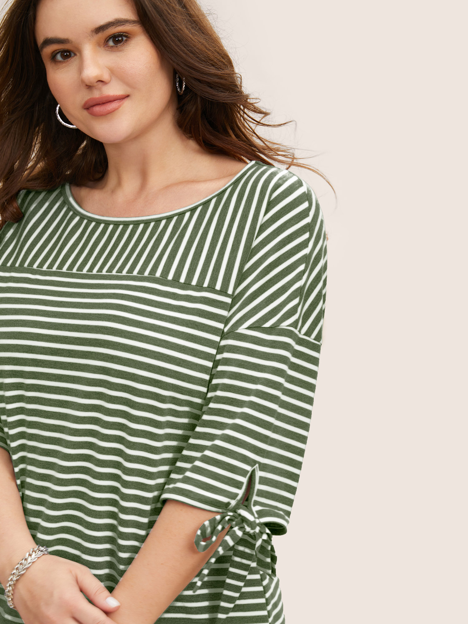 

Plus Size Striped Boat Neck Tie Knot T-shirt ArmyGreen Women Casual Tie knot Boat Neck Everyday T-shirts BloomChic