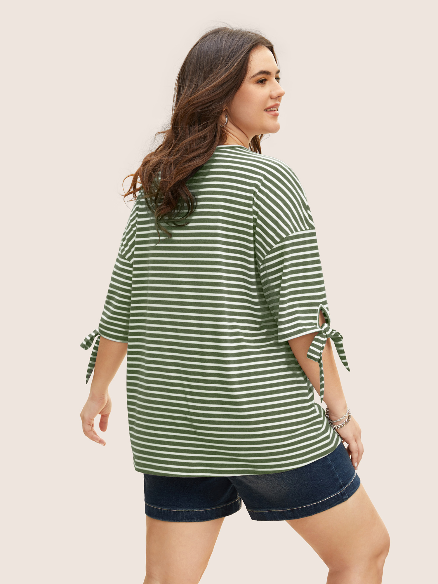 Plus Size Striped Boat Neck Tie Knot T-shirt ArmyGreen Women Casual Tie knot Boat Neck Everyday T-shirts BloomChic 28/5X 