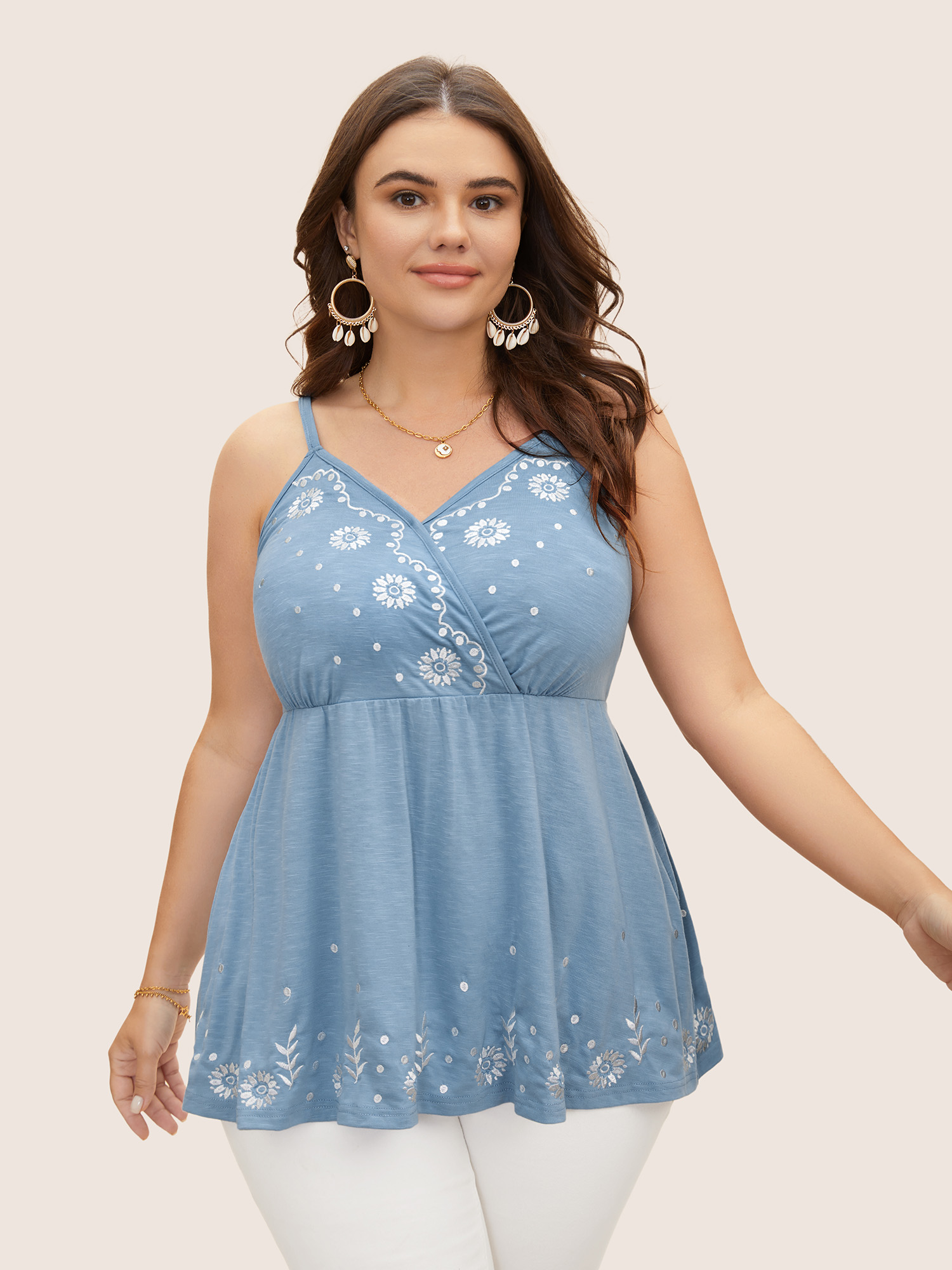 

Plus Size Floral Embroidered Overlap Collar Shirred Cami Top Women Stone Resort Overlapping Overlap Collar Vacation Tank Tops Camis BloomChic