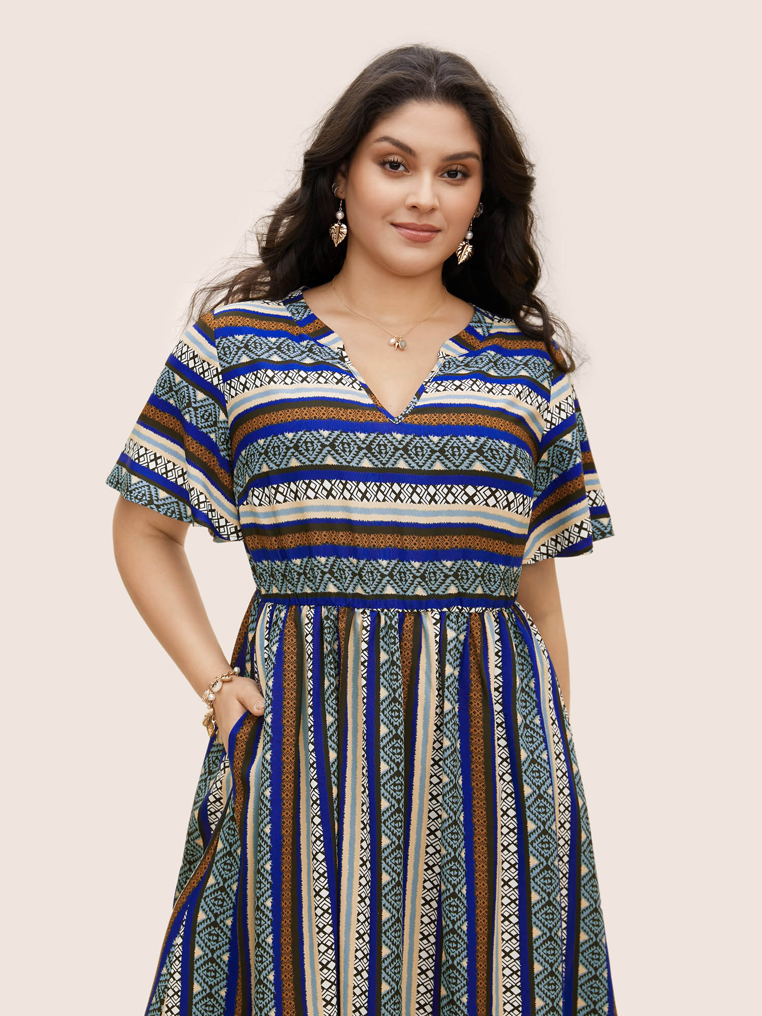 Plus Size Bandana Striped Curved Hem Ruffle Sleeve Dress Mediumblue Women Resort Gathered Notched collar Short sleeve Curvy BloomChic 22-24/3X 