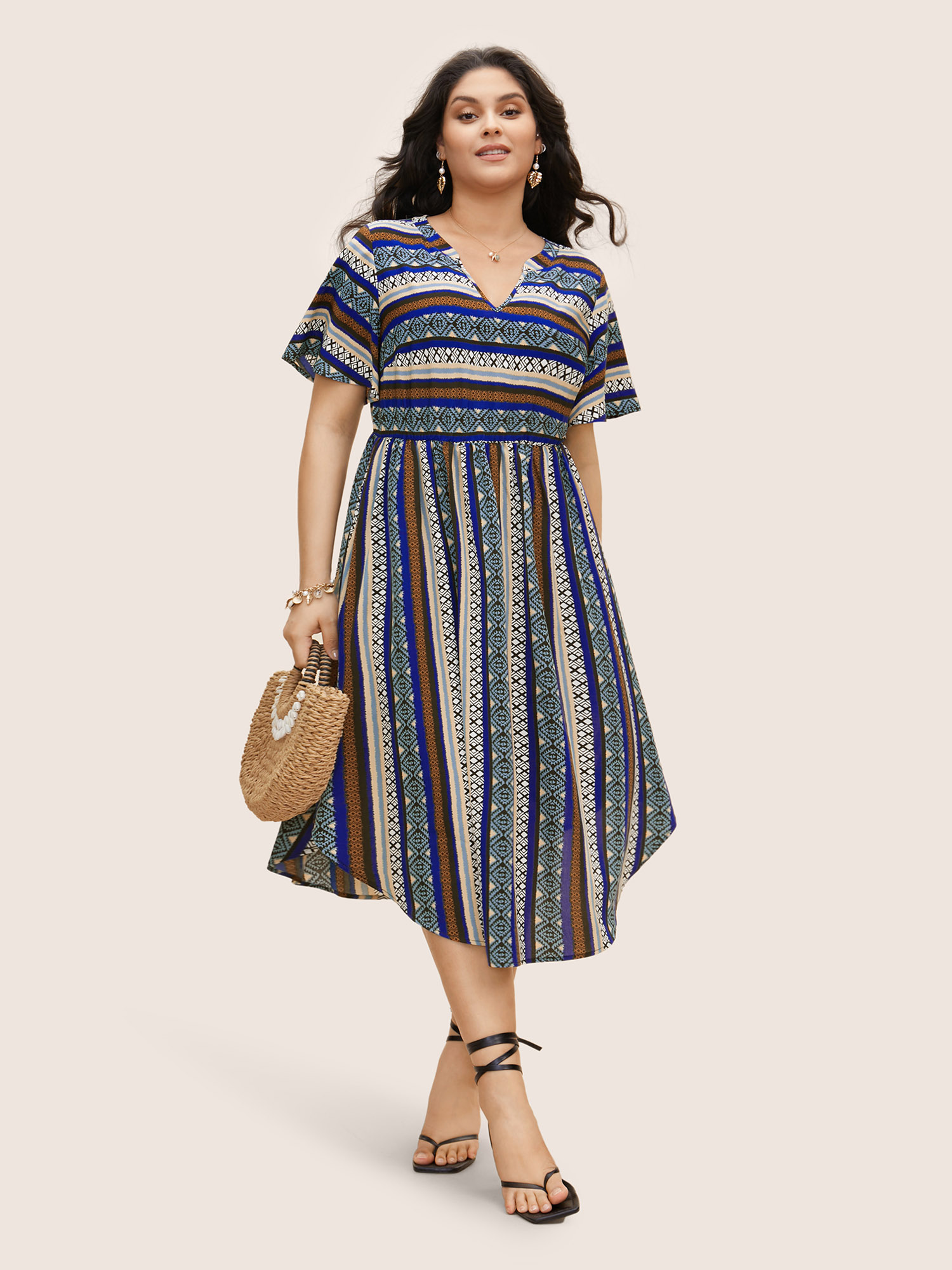 Plus Size Bandana Striped Curved Hem Ruffle Sleeve Dress Mediumblue Women Resort Gathered Notched collar Short sleeve Curvy BloomChic 22-24/3X 