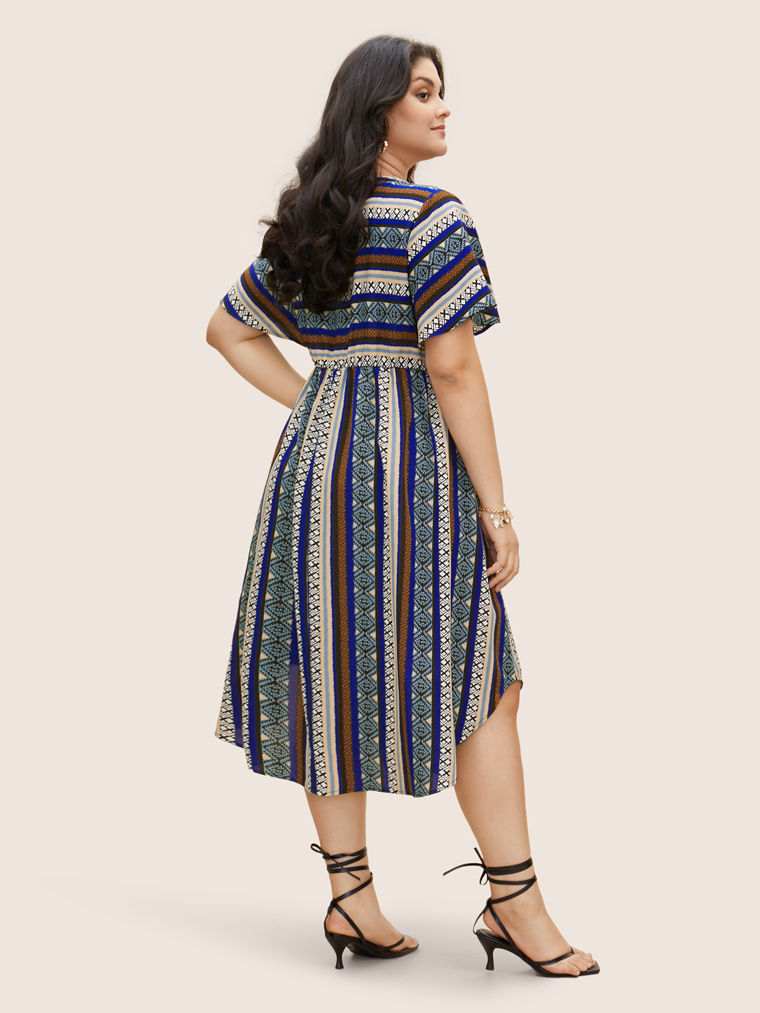 Plus Size Bandana Striped Curved Hem Ruffle Sleeve Dress Mediumblue Women Resort Gathered Notched collar Short sleeve Curvy BloomChic 22-24/3X 
