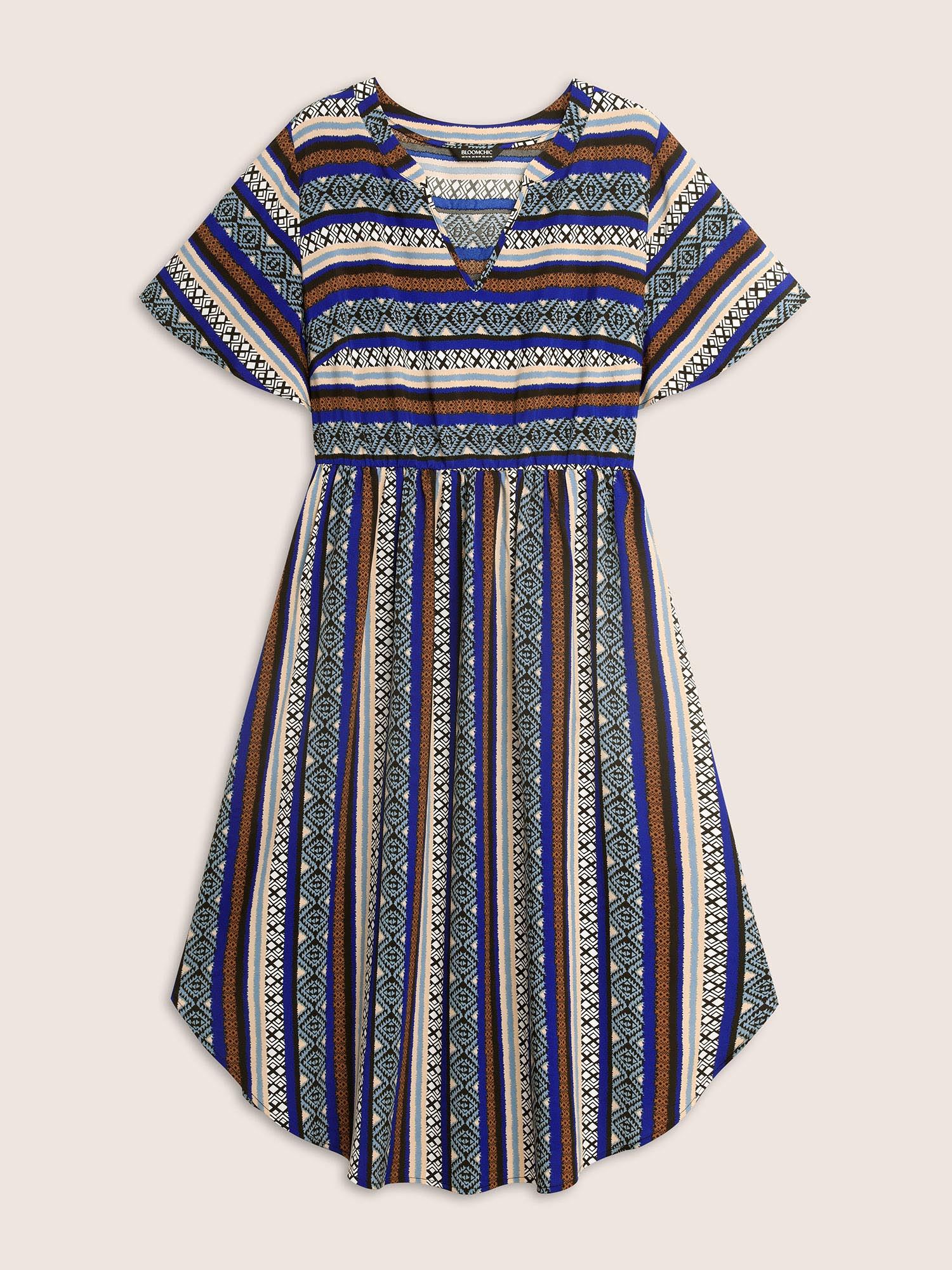 Plus Size Bandana Striped Curved Hem Ruffle Sleeve Dress Mediumblue Women Resort Gathered Notched collar Short sleeve Curvy BloomChic 22-24/3X 