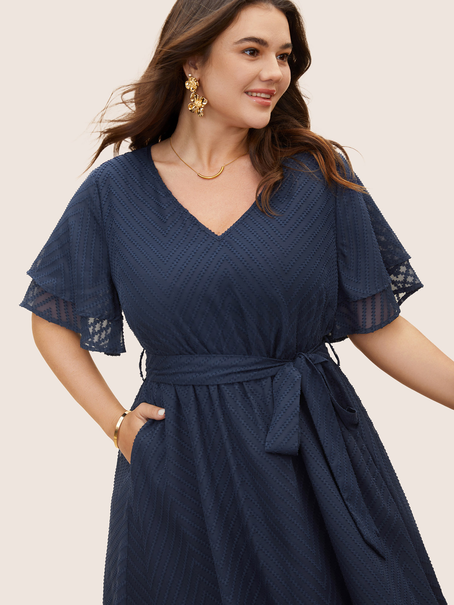 Plus Size Texture Tiered Ruffle Sleeve See Through Dress Navy Women Elegant Texture V-neck Half Sleeve Curvy BloomChic 10/M 