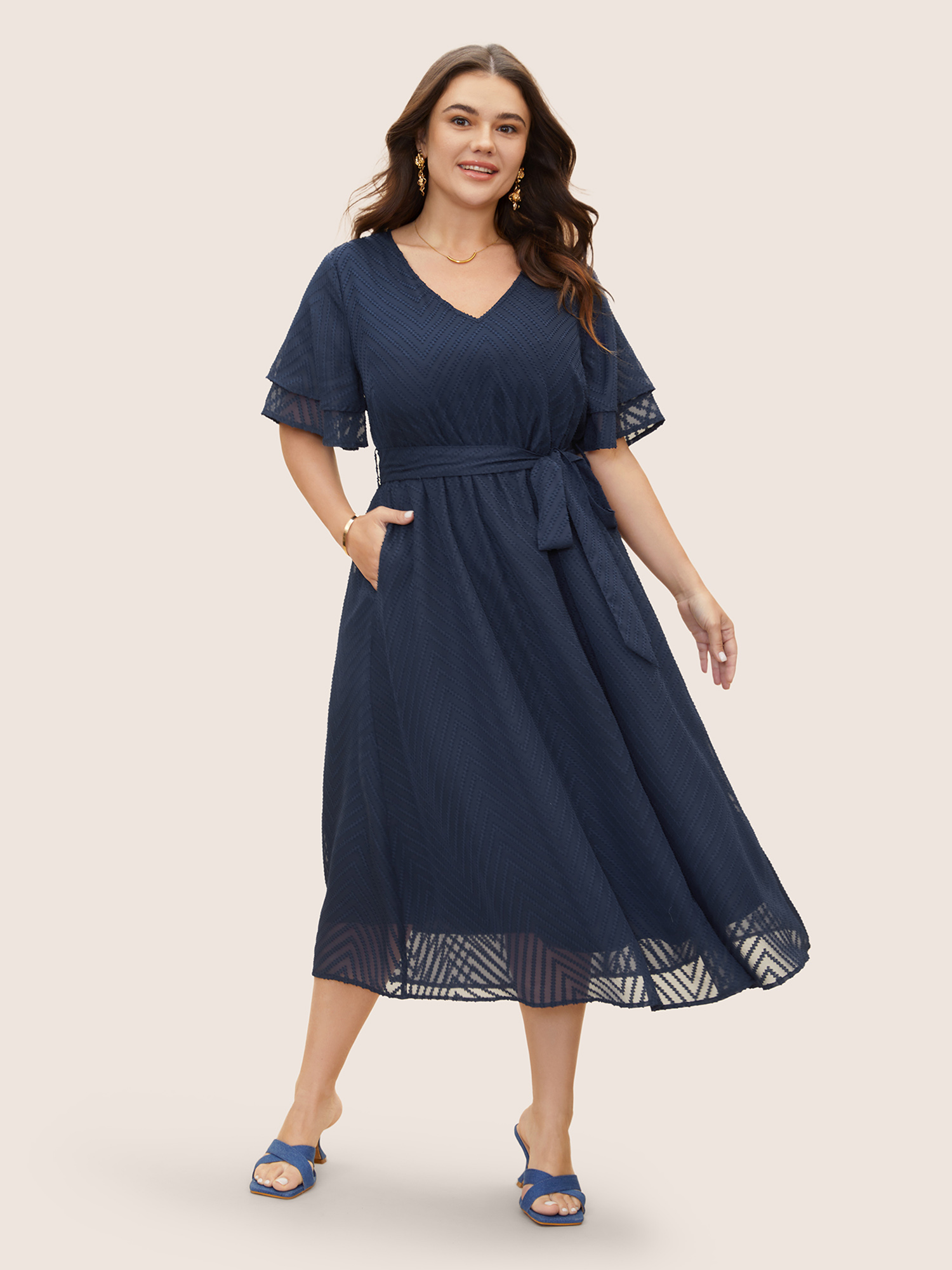 Plus Size Texture Tiered Ruffle Sleeve See Through Dress Navy Women Elegant Texture V-neck Half Sleeve Curvy BloomChic 10/M 