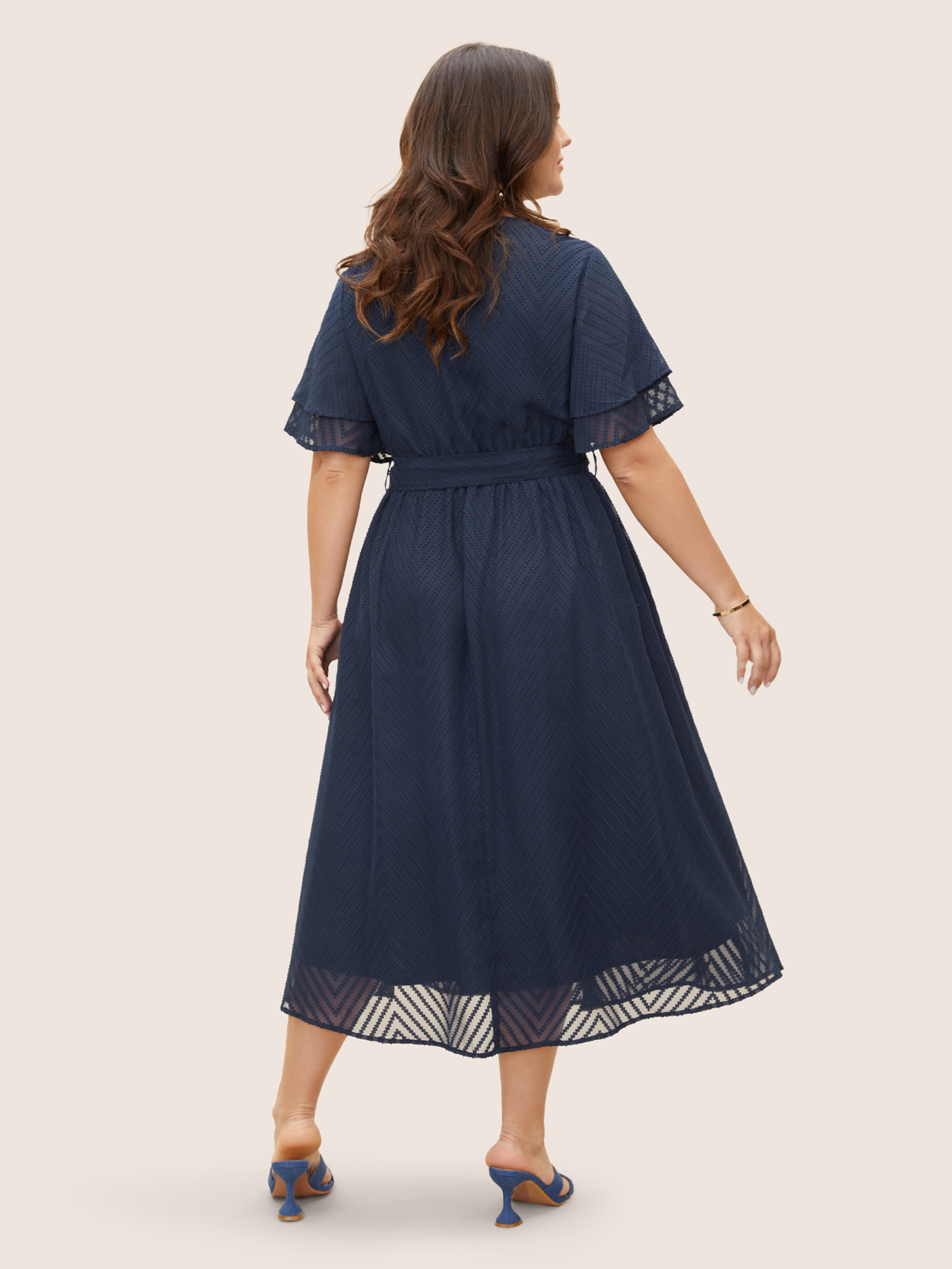 Plus Size Texture Tiered Ruffle Sleeve See Through Dress Navy Women Elegant Texture V-neck Half Sleeve Curvy BloomChic 10/M 