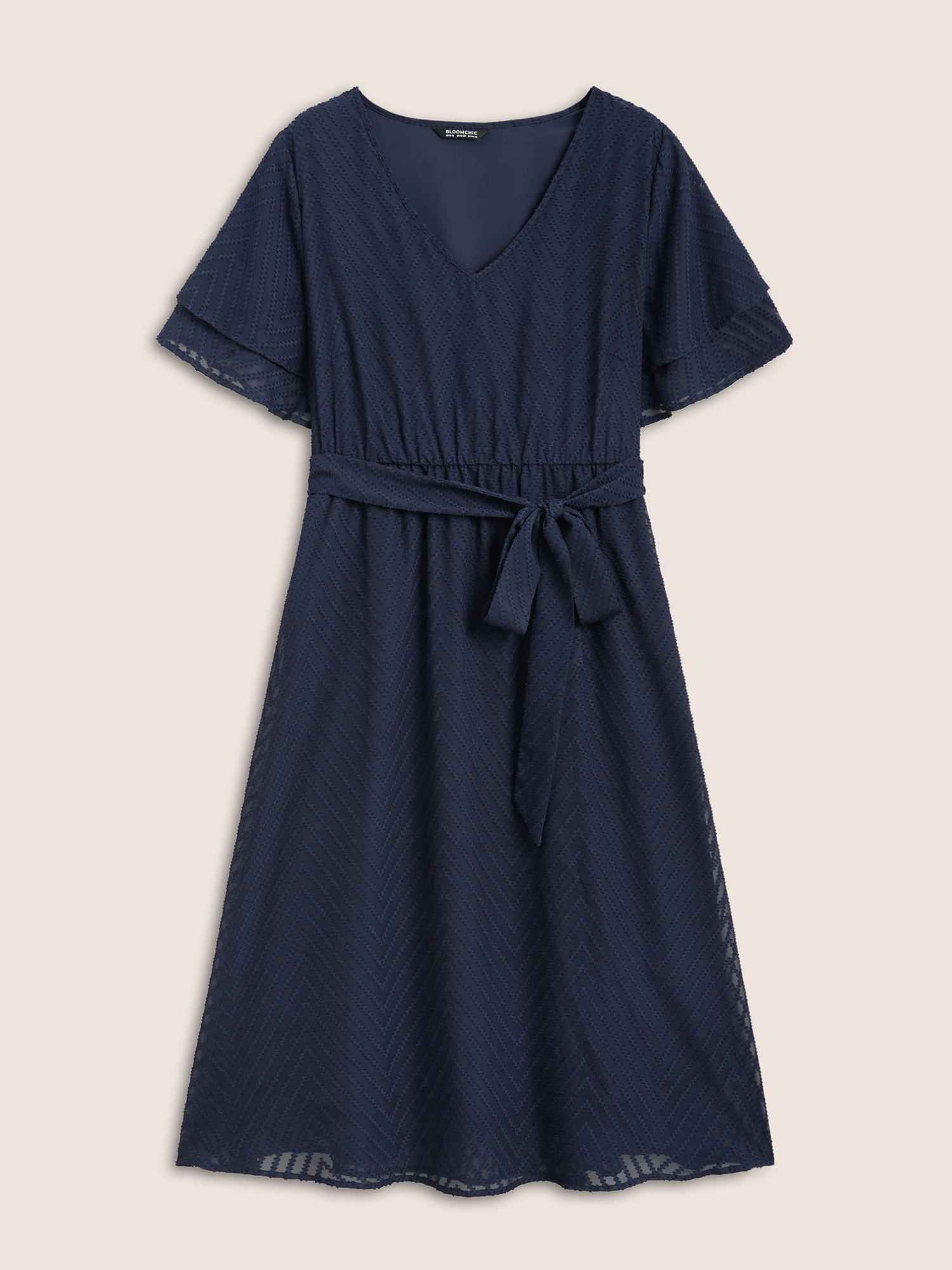 Plus Size Texture Tiered Ruffle Sleeve See Through Dress Navy Women Elegant Texture V-neck Half Sleeve Curvy BloomChic 10/M 