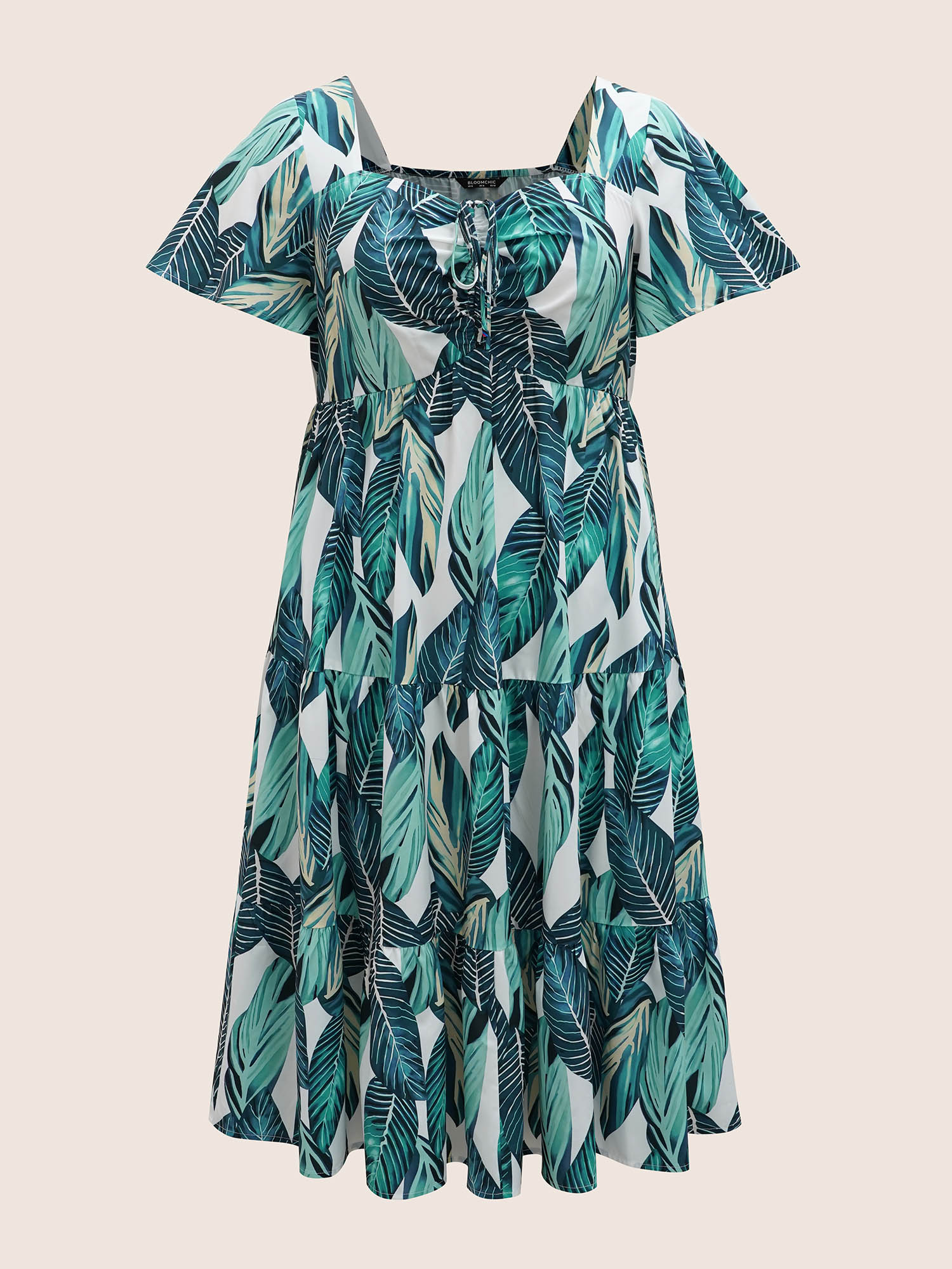 

Plus Size Tropical Print Drawstring Ruffle Sleeve Dress Emerald Women Resort Drawstring Heart neckline Short sleeve Curvy BloomChic