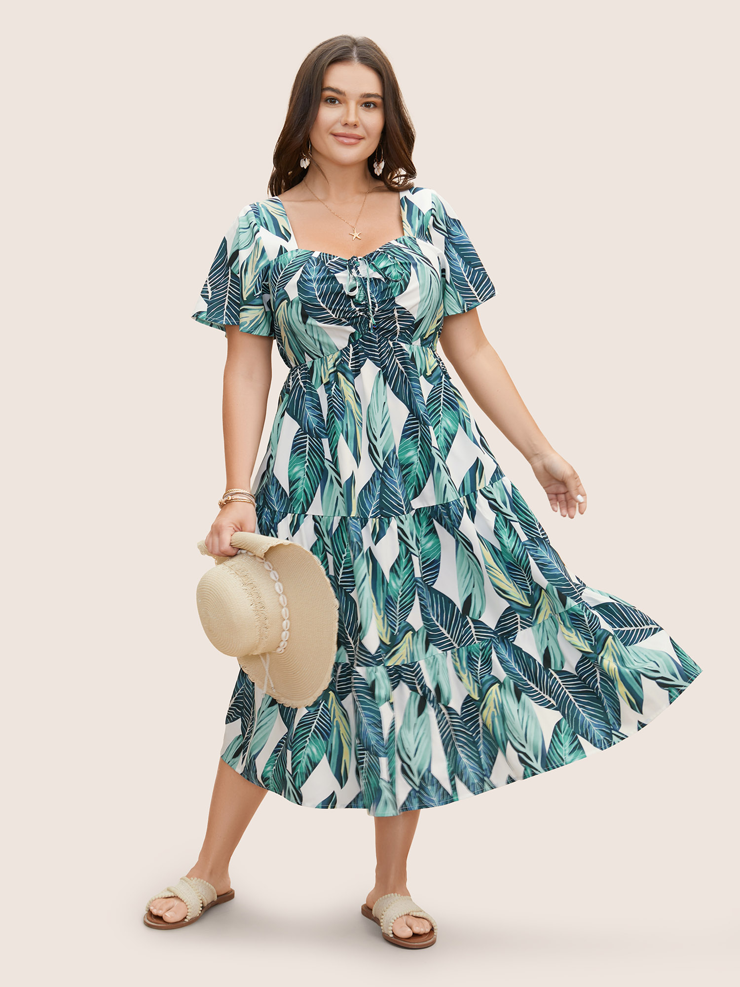 

Plus Size Tropical Print Drawstring Ruffle Sleeve Dress Emerald Women Resort Drawstring Heart neckline Short sleeve Curvy BloomChic