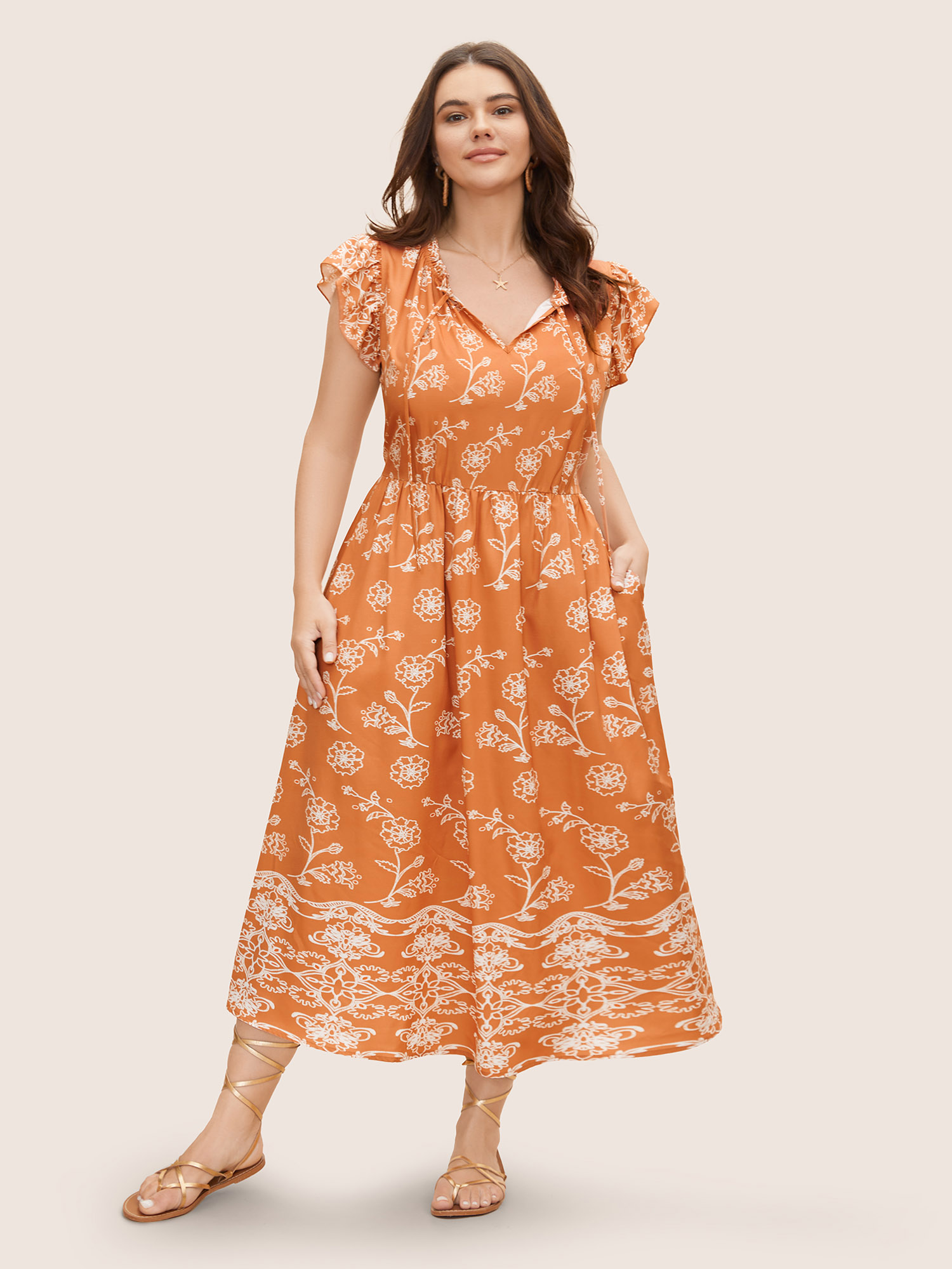 

Plus Size Floral Tie Knot Ruffle Cap Sleeve Dress Coral Women Resort Tie knot V-neck Cap Sleeve Curvy BloomChic